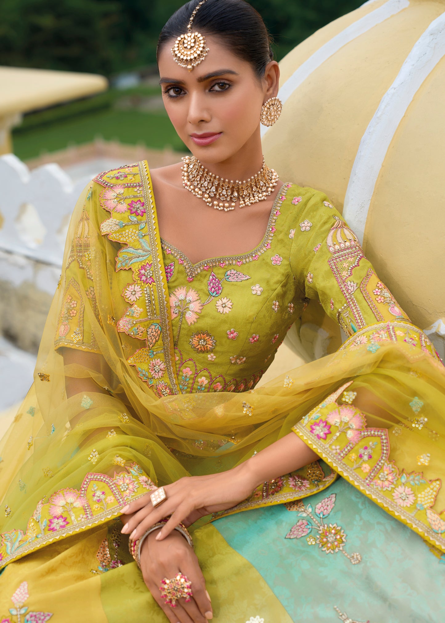 Green Multicolor Banarasi Silk Lehenga Choli