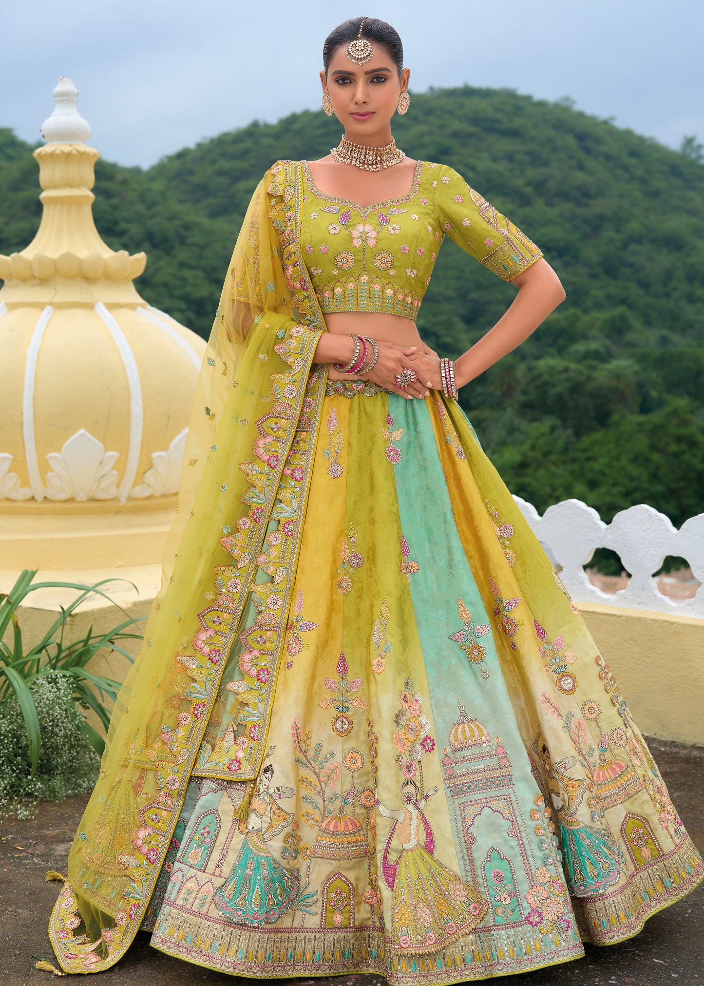 Green Multicolor Banarasi Silk Lehenga Choli