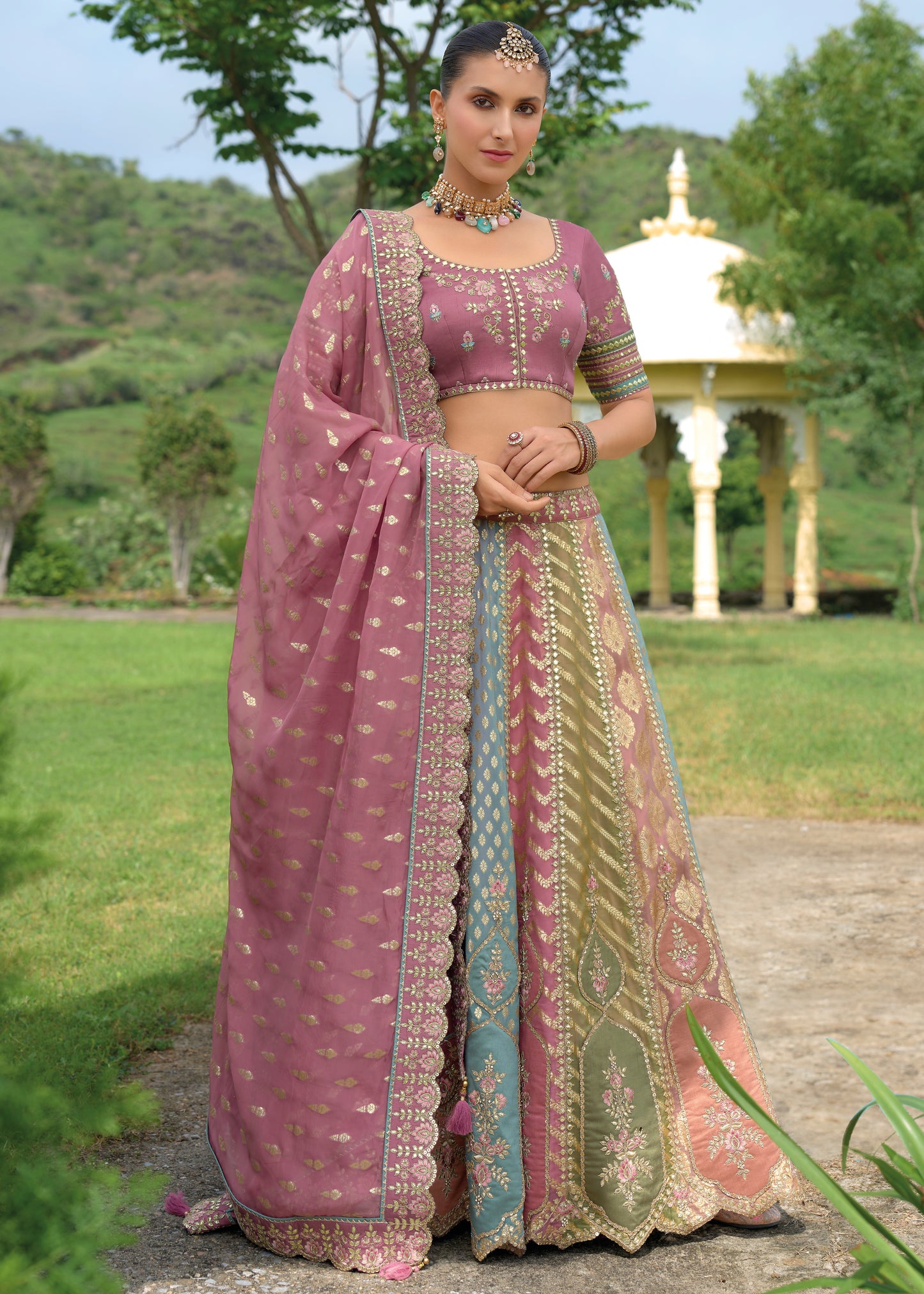 Muave Purple and Multicolor Banarasi Silk Lehenga Choli