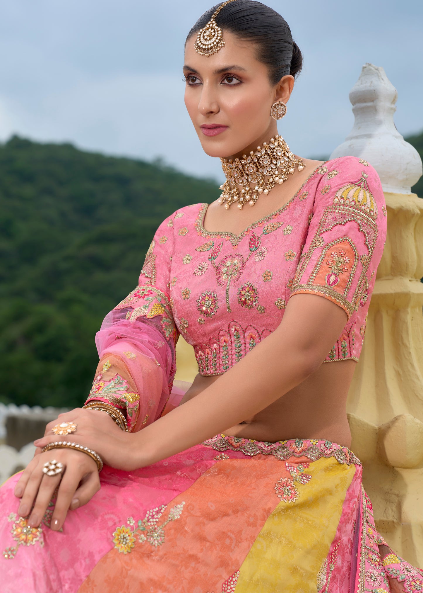 Pink Multicolor Banarasi Silk Lehenga Choli