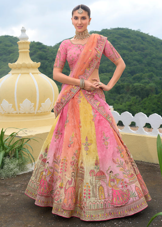 Pink Multicolor Banarasi Silk Lehenga Choli