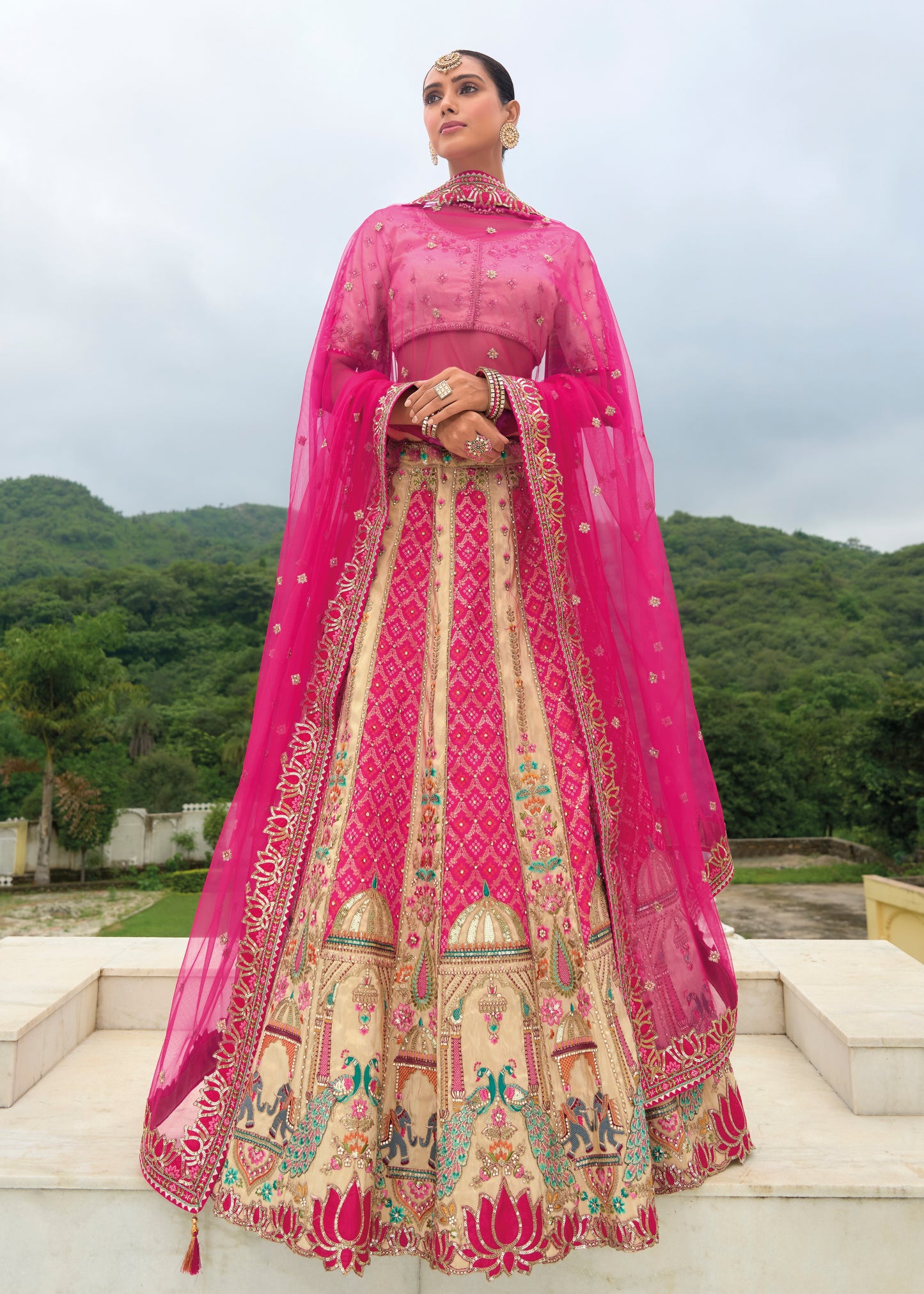 Pink and Cream Bandhani Silk Lehenga Choli