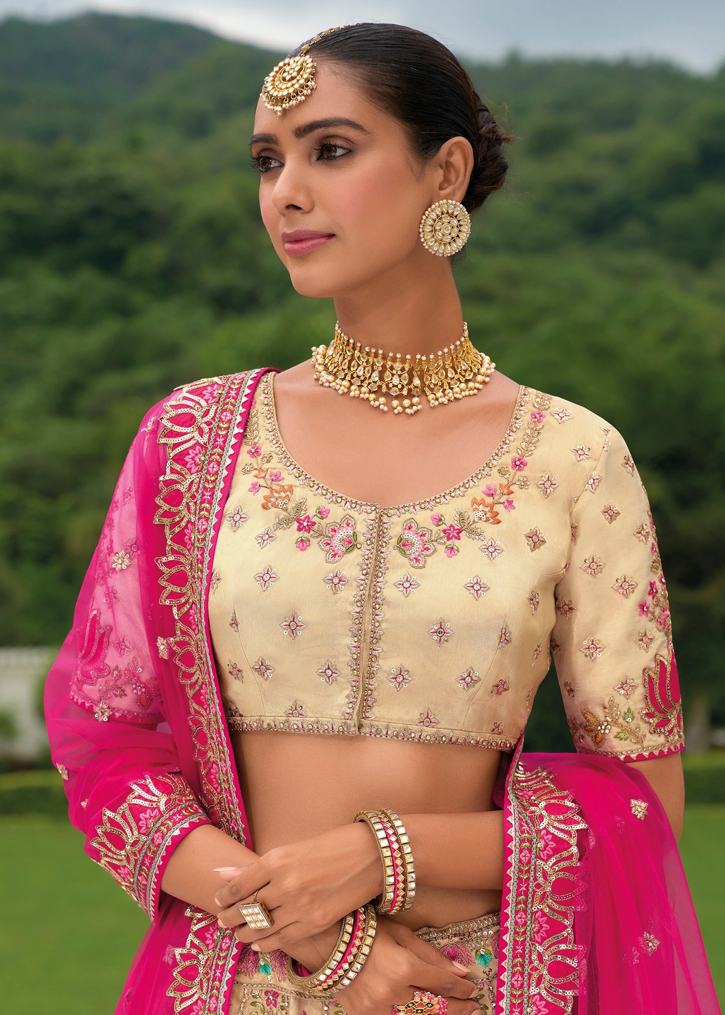 Pink and Cream Bandhani Silk Lehenga Choli