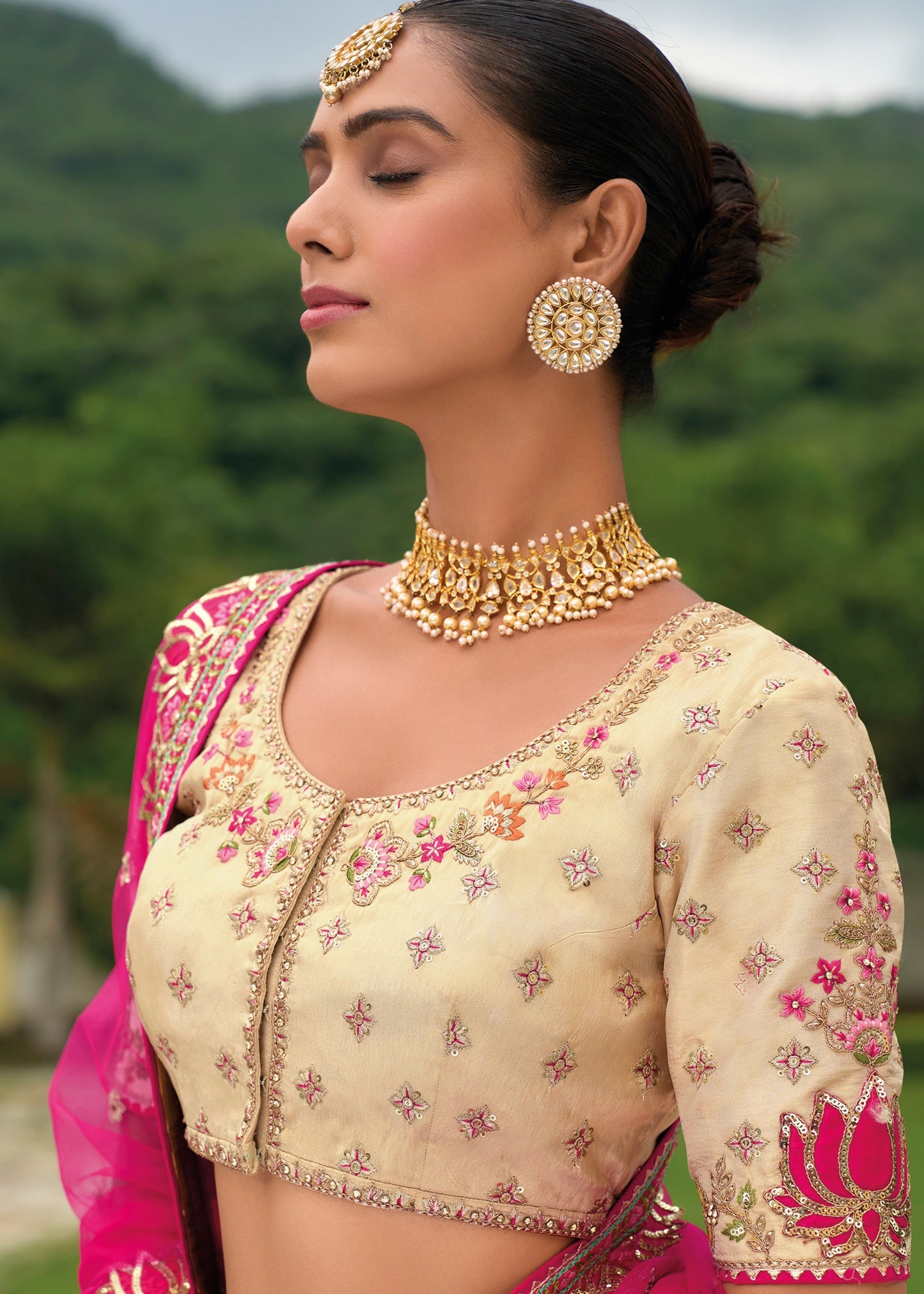 Pink and Cream Bandhani Lehenga Choli