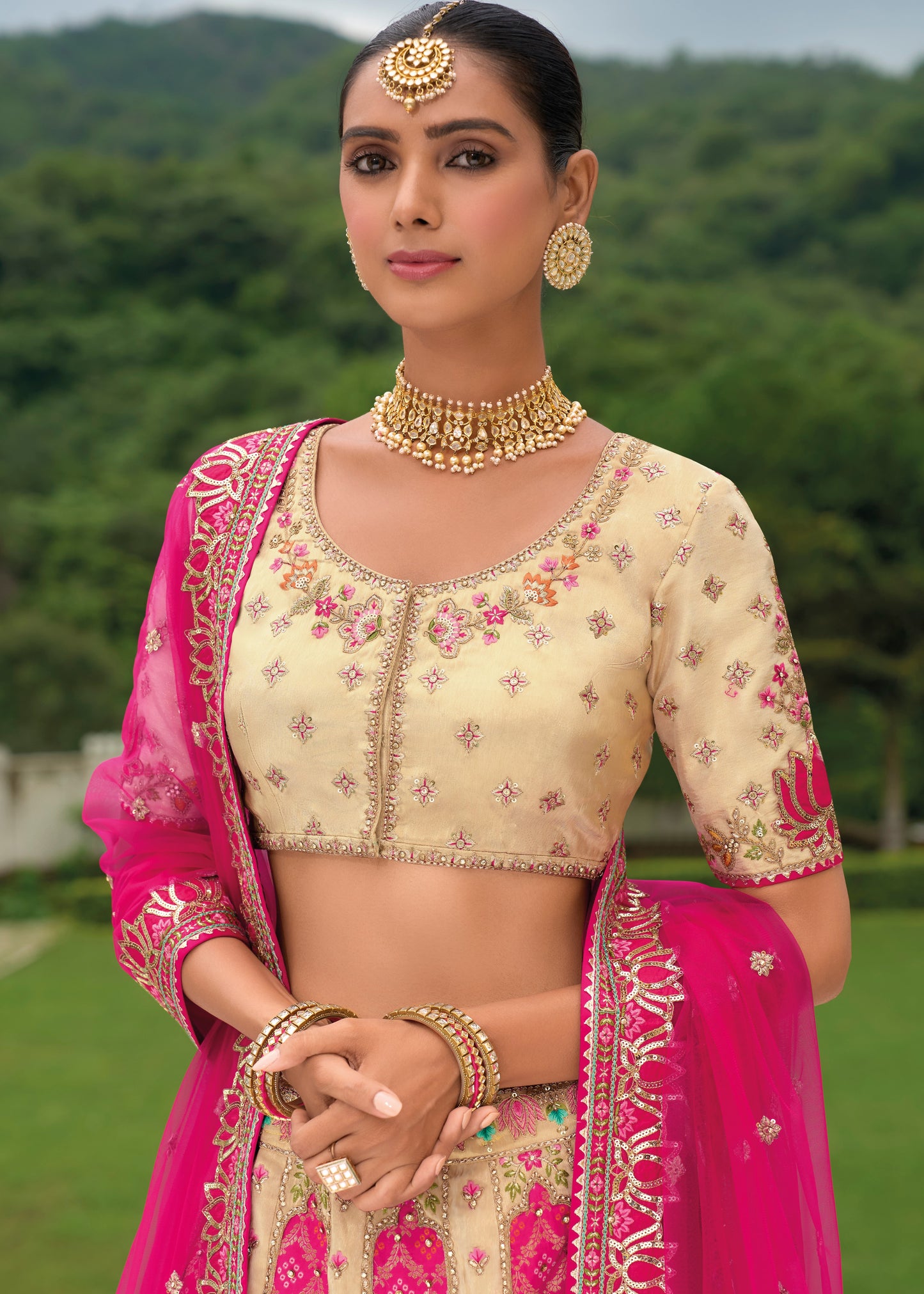 Pink and Cream Bandhani Silk Lehenga Choli