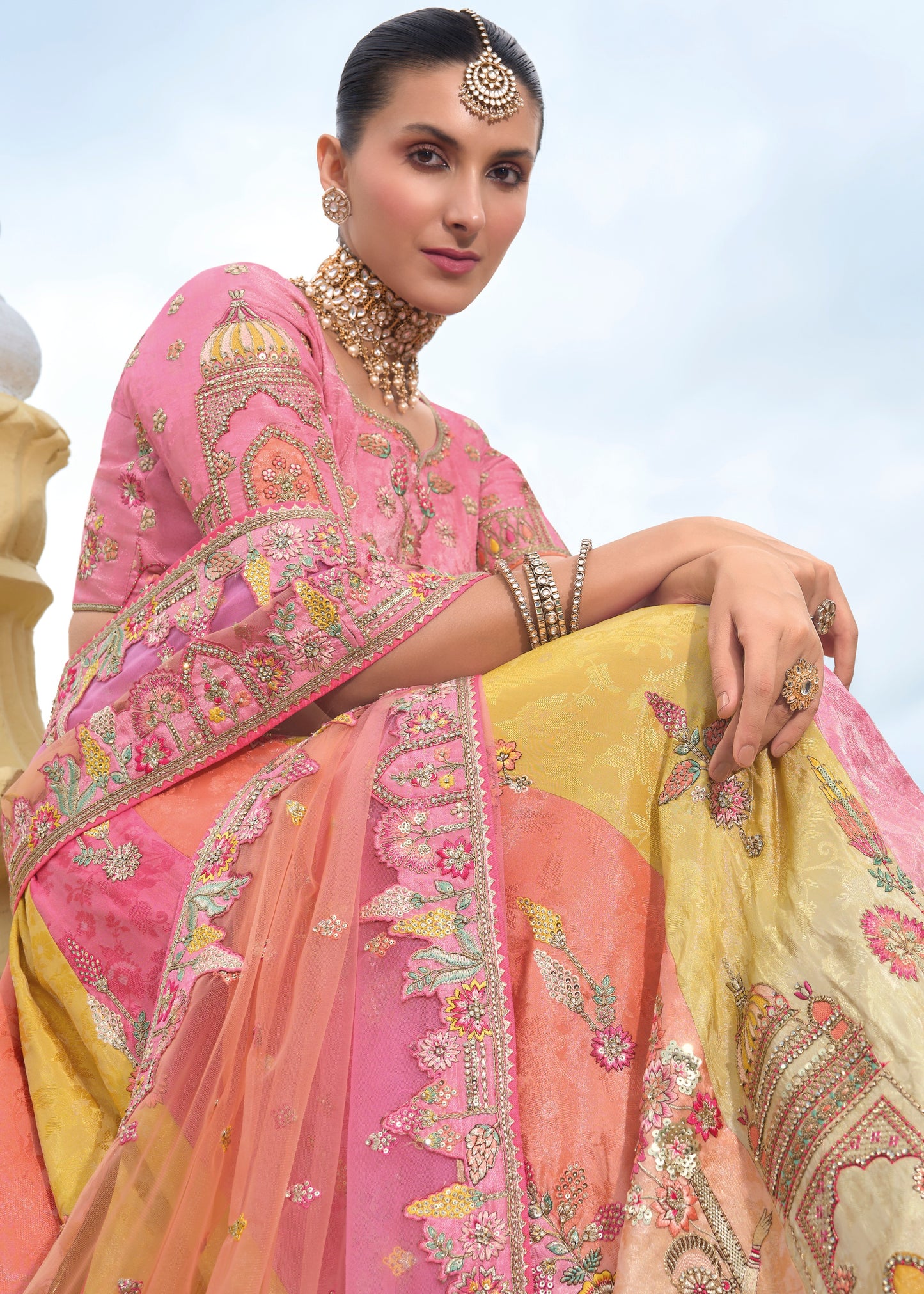 Pink Multicolor Banarasi Silk Lehenga Choli