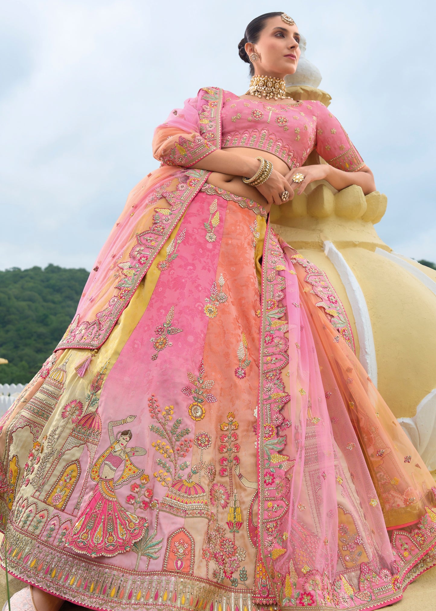 Pink Multicolor Banarasi Silk Lehenga Choli