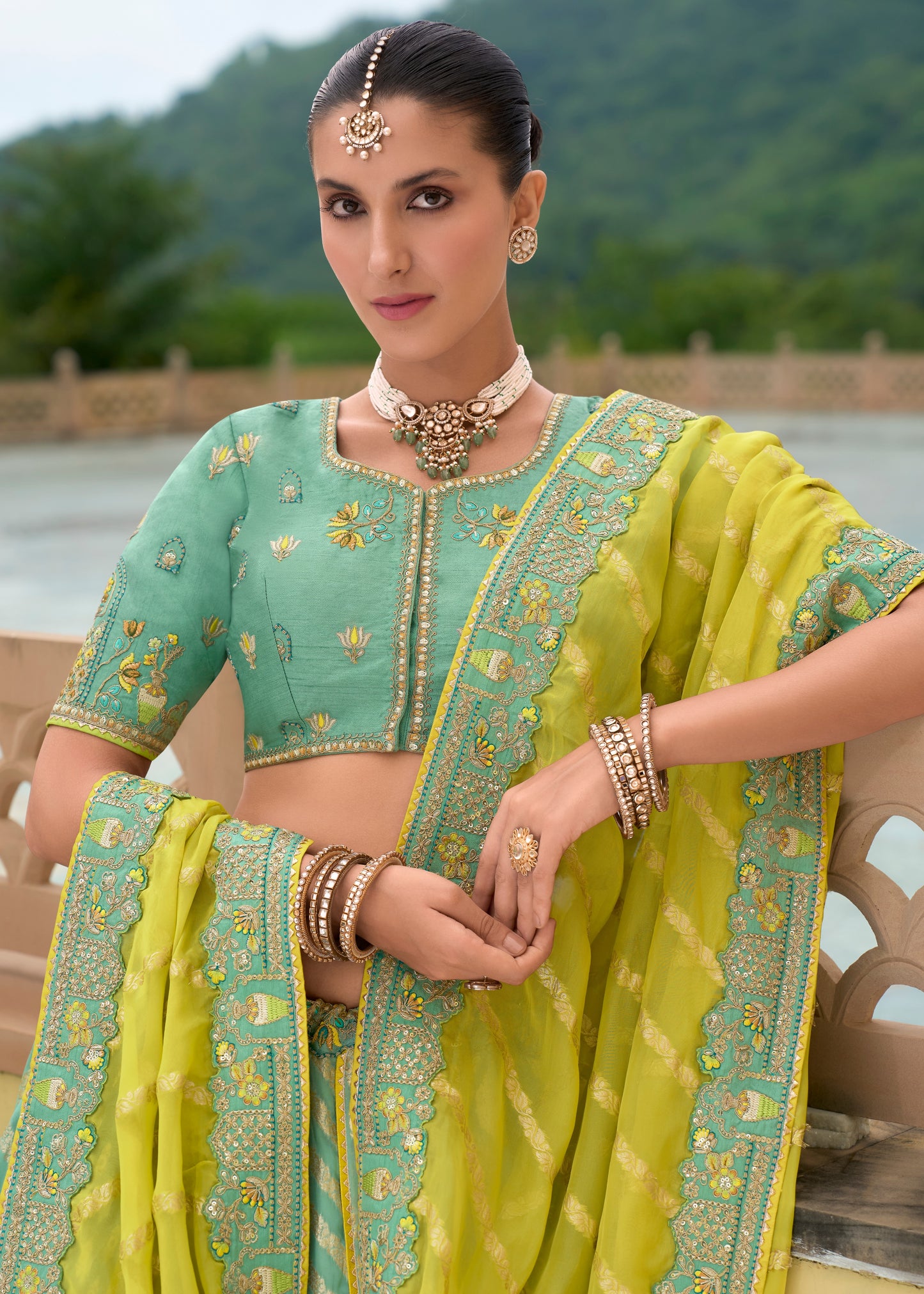 Pastel Blue and Lime Green Banarasi Silk Lehenga Choli