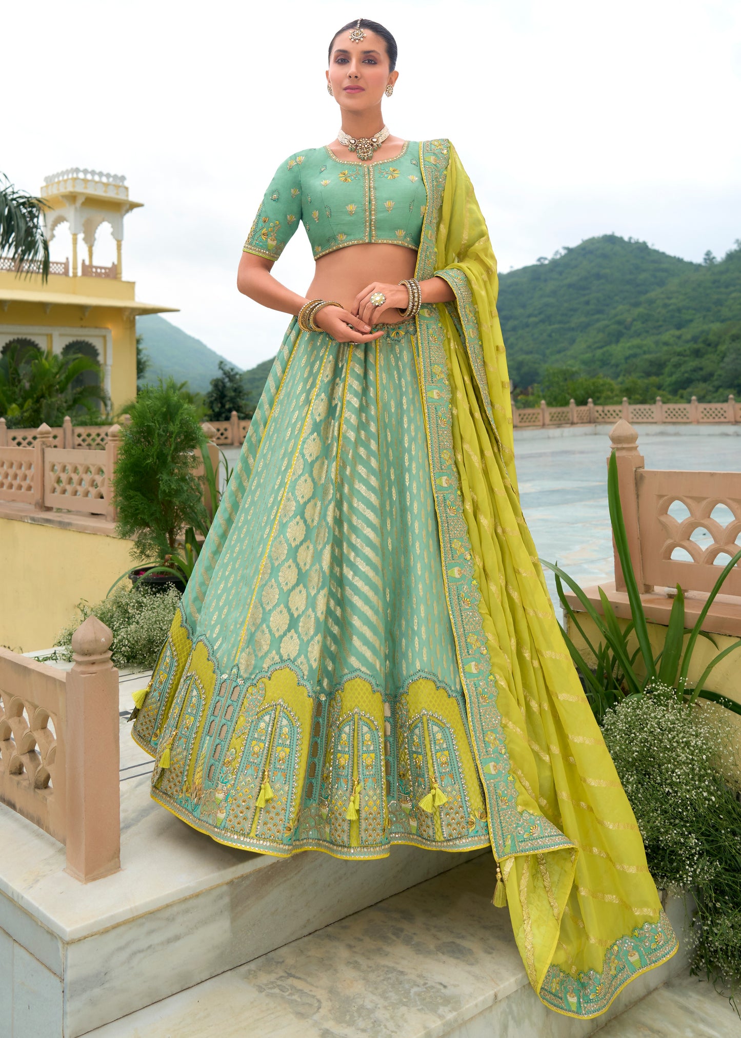 Pastel Blue and Lime Green Banarasi Silk Lehenga Choli