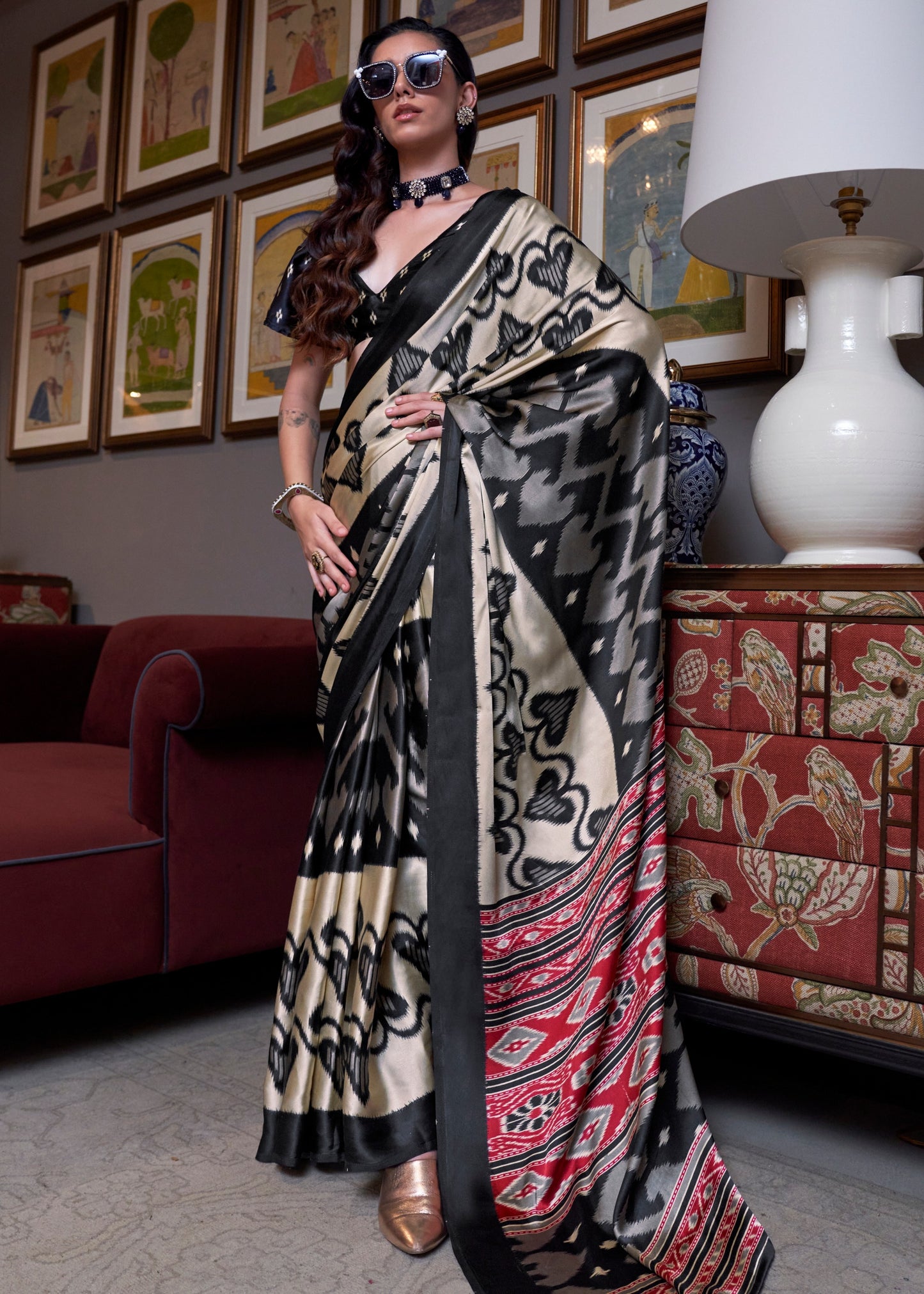 Pure Satin Crepe Cream and Black Printed Saree