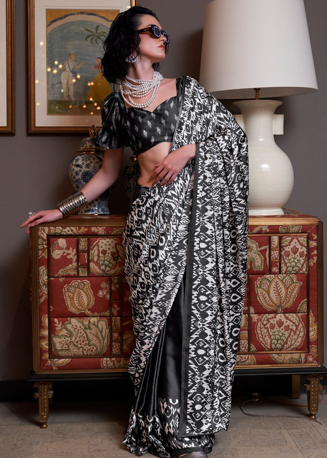 Pure Satin Crepe Black and White Printed Saree