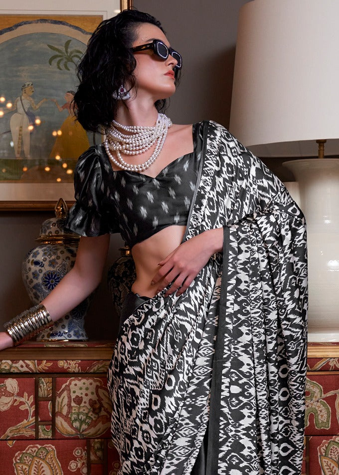 Pure Satin Crepe Black and White Printed Saree