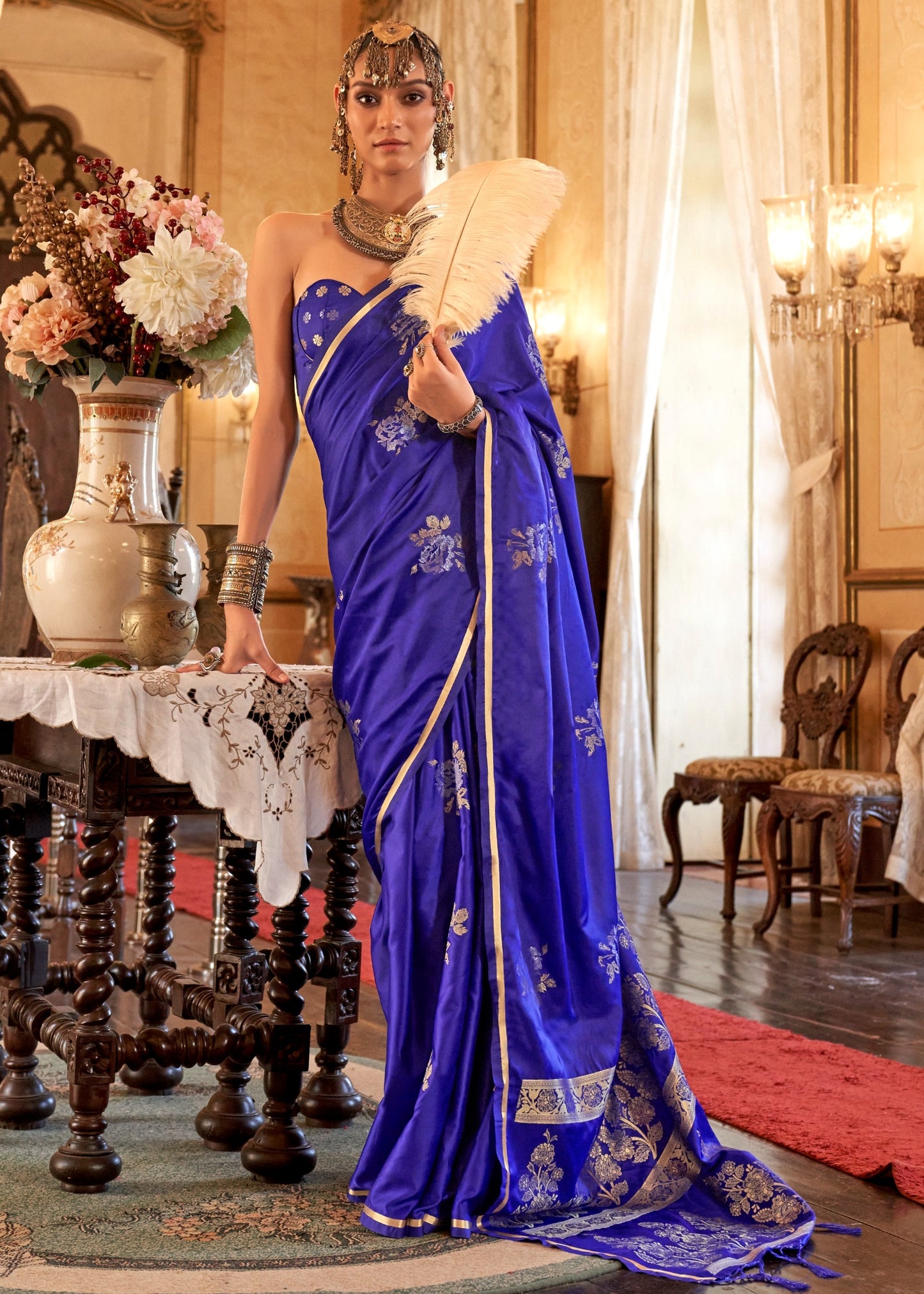 Pure Banarasi Satin Silk Indigo Blue Handloom Saree