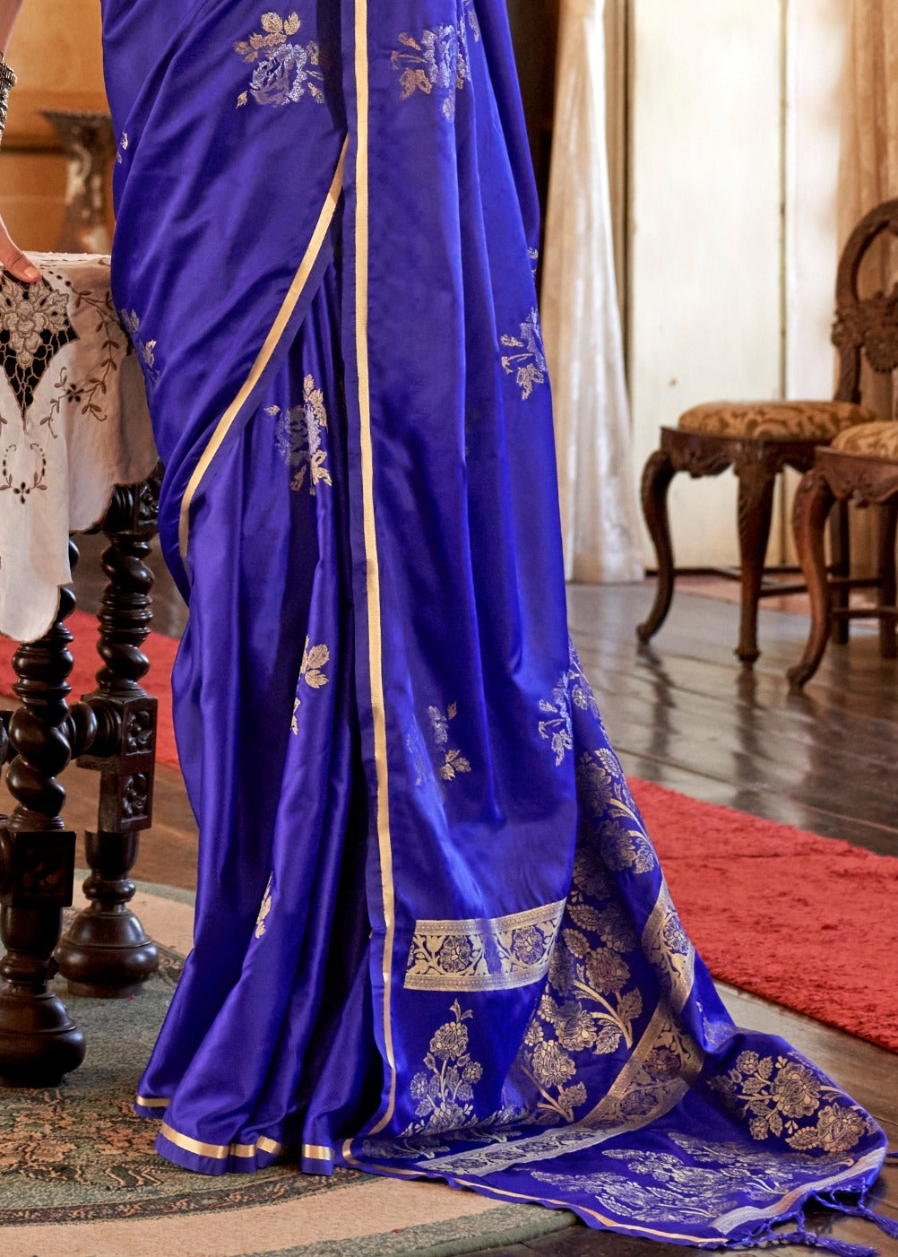 Pure Banarasi Satin Silk Indigo Blue Handloom Saree