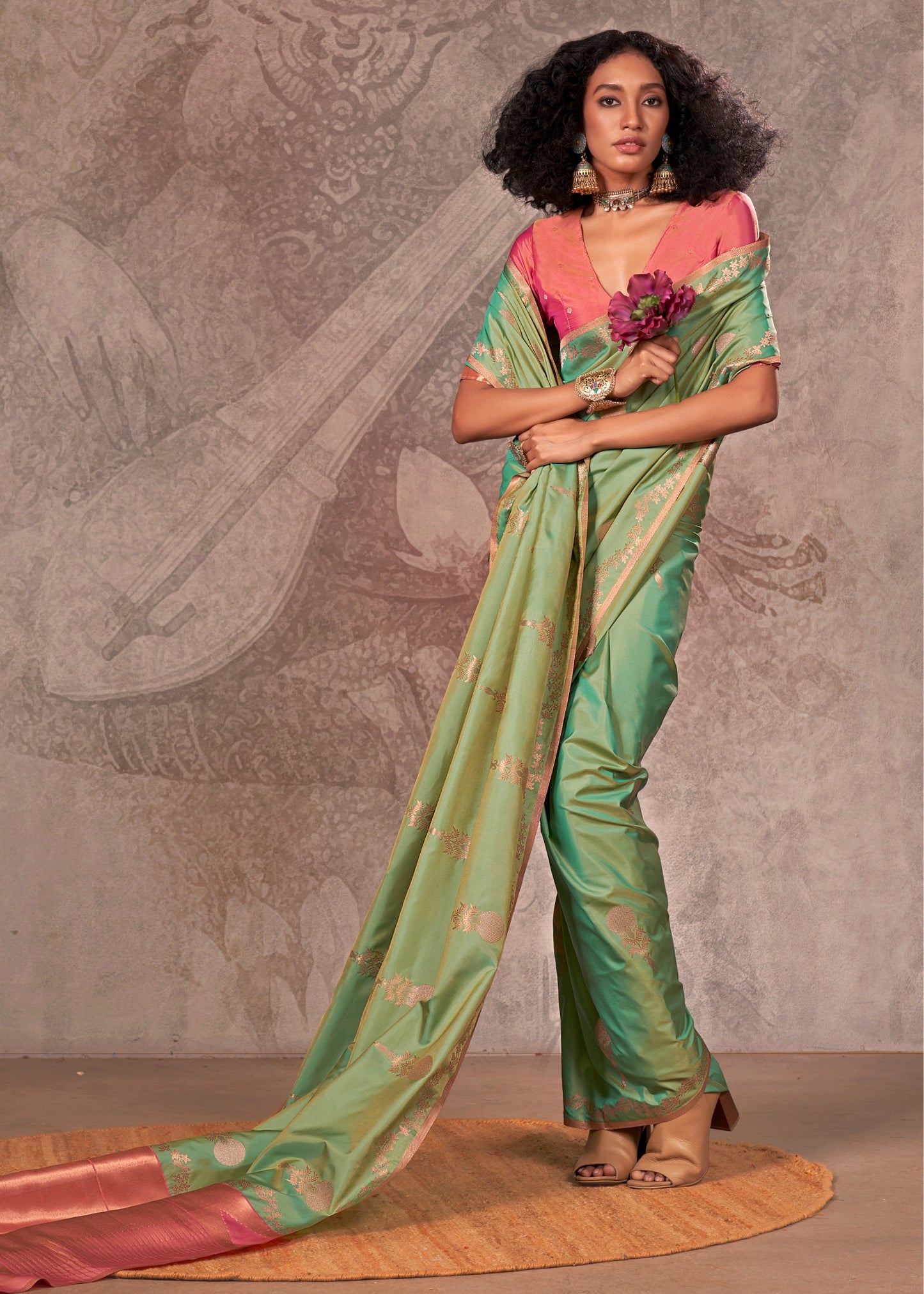 Soft Handloom Banarasi Silk Green Saree With Contrast Peach Blouse