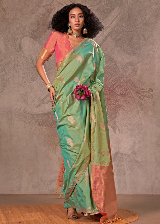 Soft Handloom Banarasi Silk Green Saree With Contrast Peach Blouse