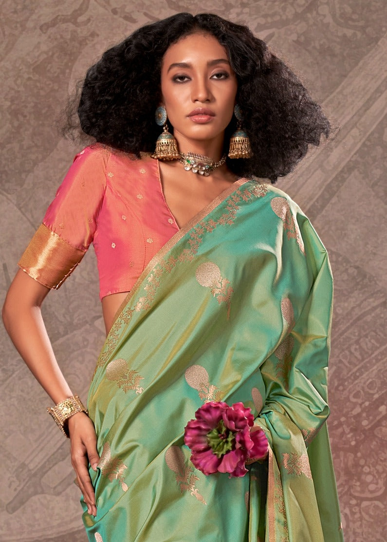 Soft Handloom Banarasi Silk Green Saree With Contrast Peach Blouse