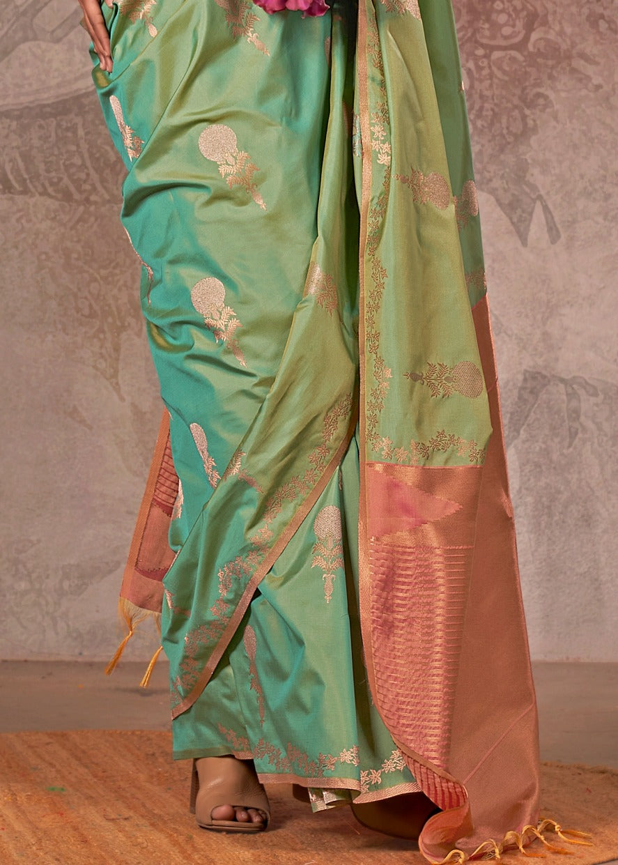 Soft Handloom Banarasi Silk Green Saree With Contrast Peach Blouse