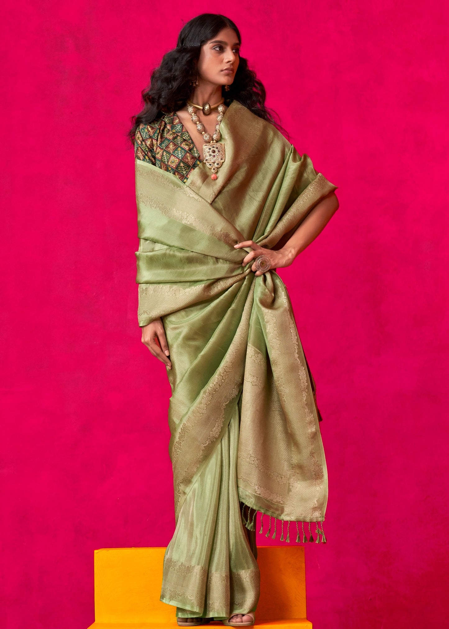 Green Banarasi Viscose Tissue Silk Handloom Saree