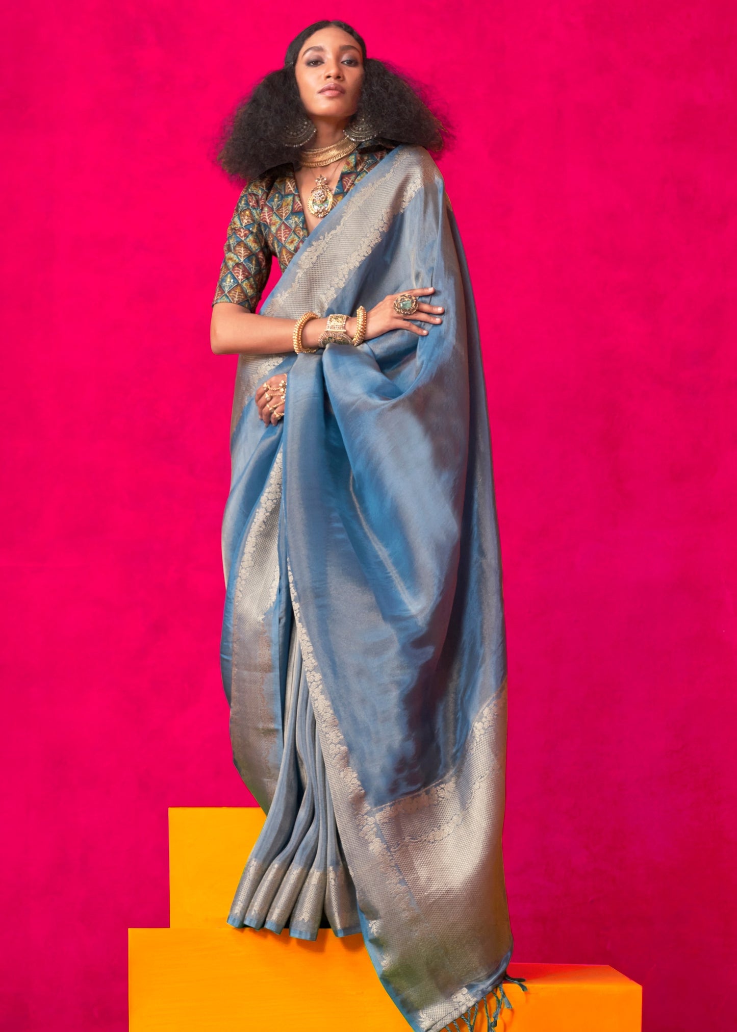 Pastel Blue Banarasi Viscose Tissue Silk Handloom Saree