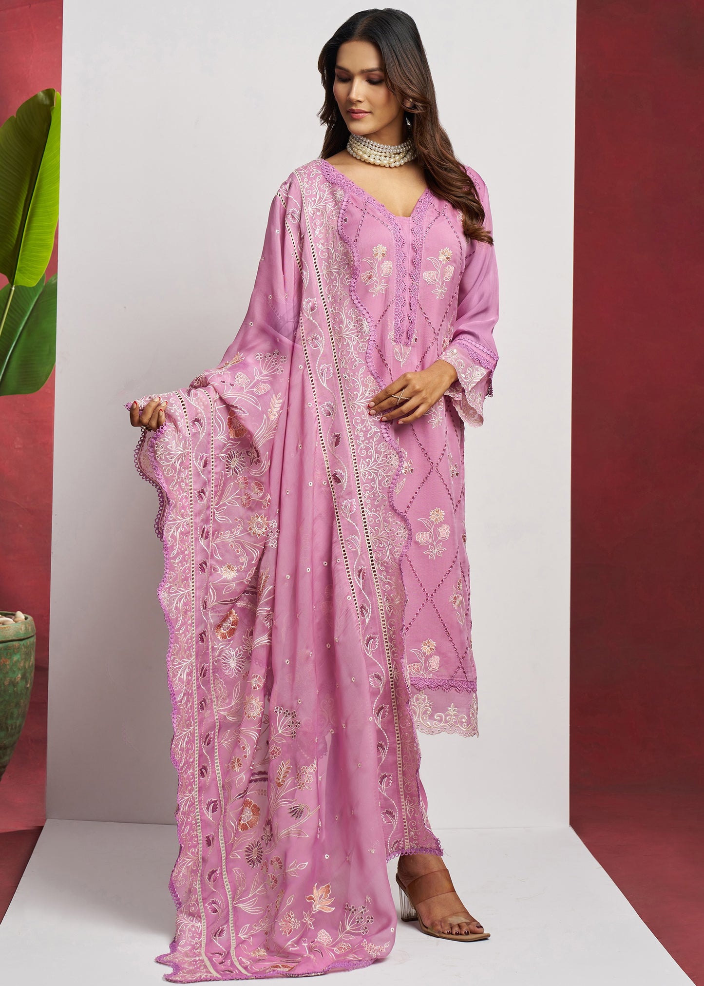 Pure Organza Pink Unstitched Salwar Suit Set