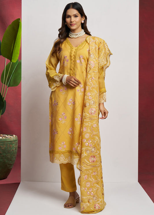 Pure Organza Yellow Unstitched Salwar Suit Set