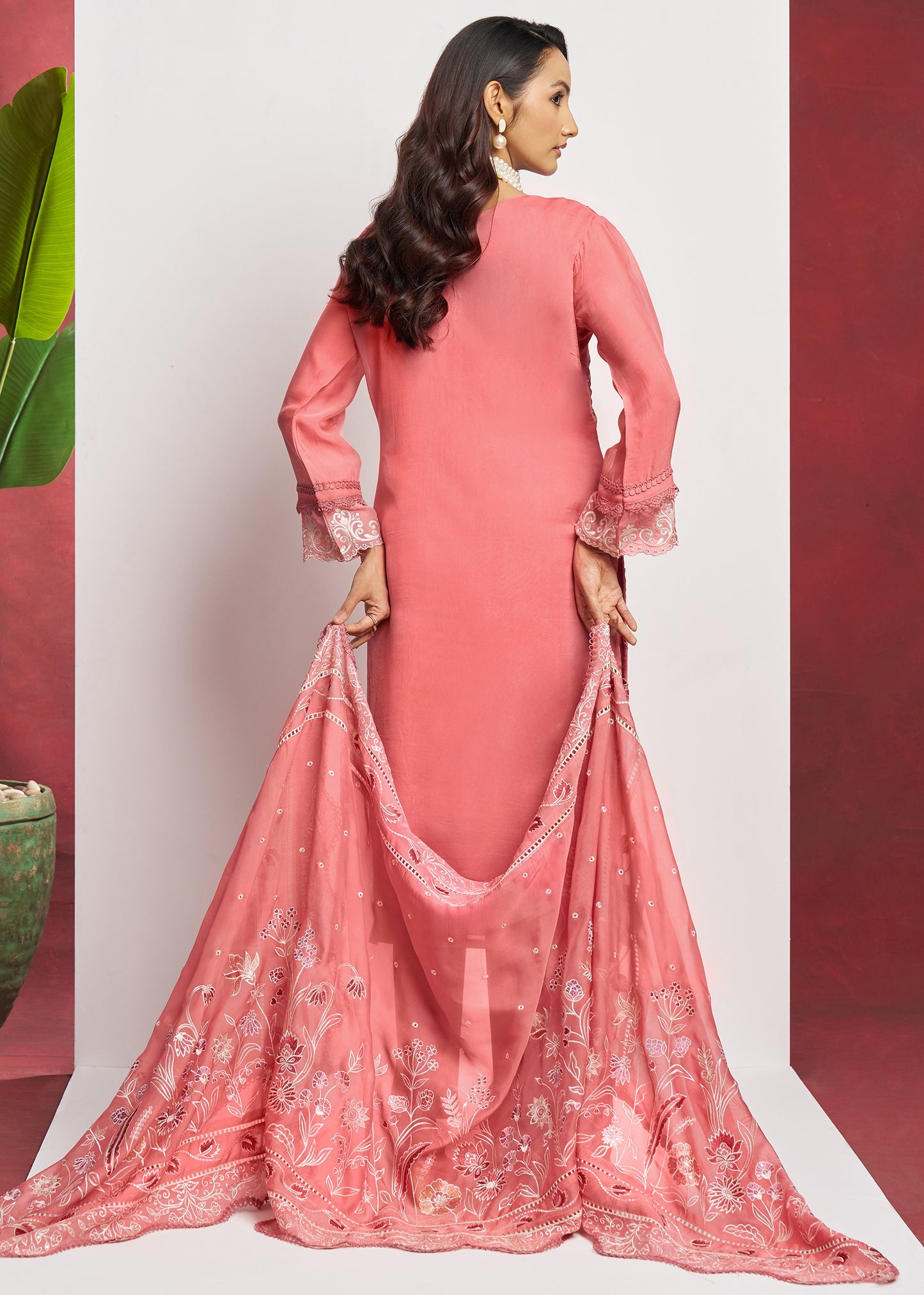 Pure Organza Peach Unstitched Salwar Suit Set