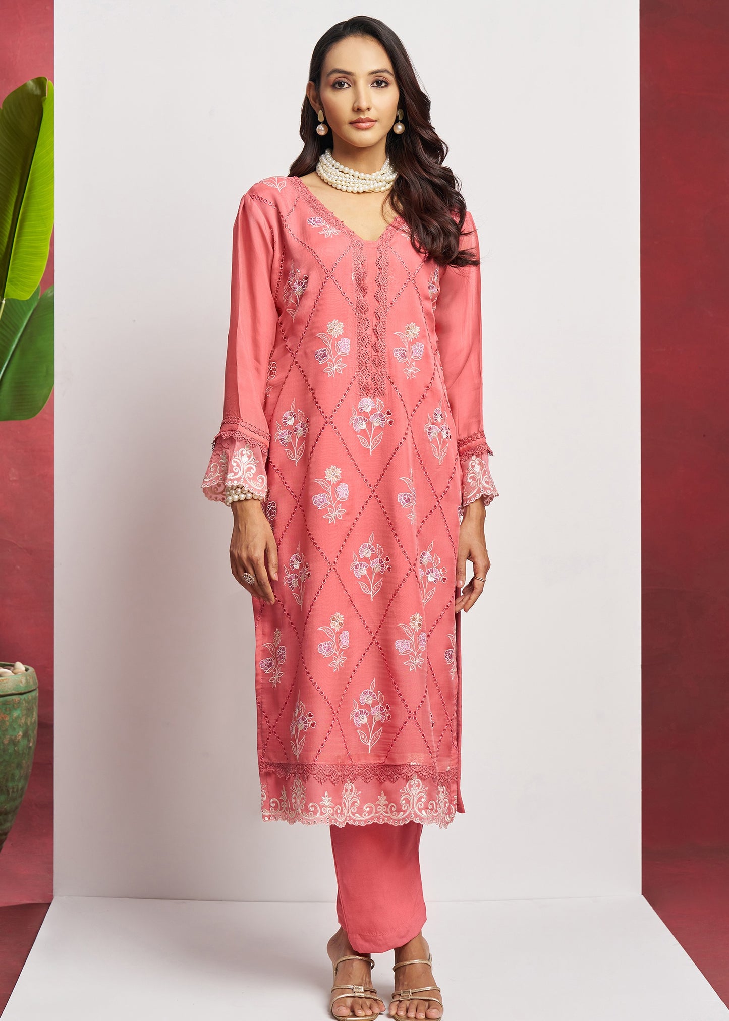 Pure Organza Peach Unstitched Salwar Suit Set