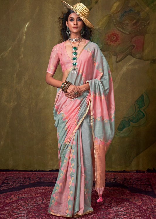 Pastel Pink and Blue Handwoven Cotton Silk Saree