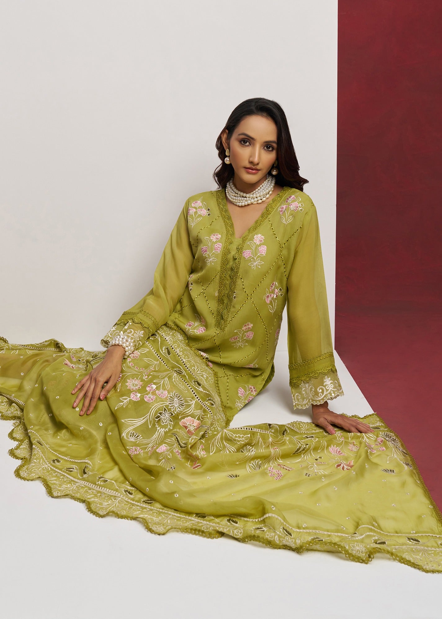 Pure Organza Green Unstitched Salwar Suit Set