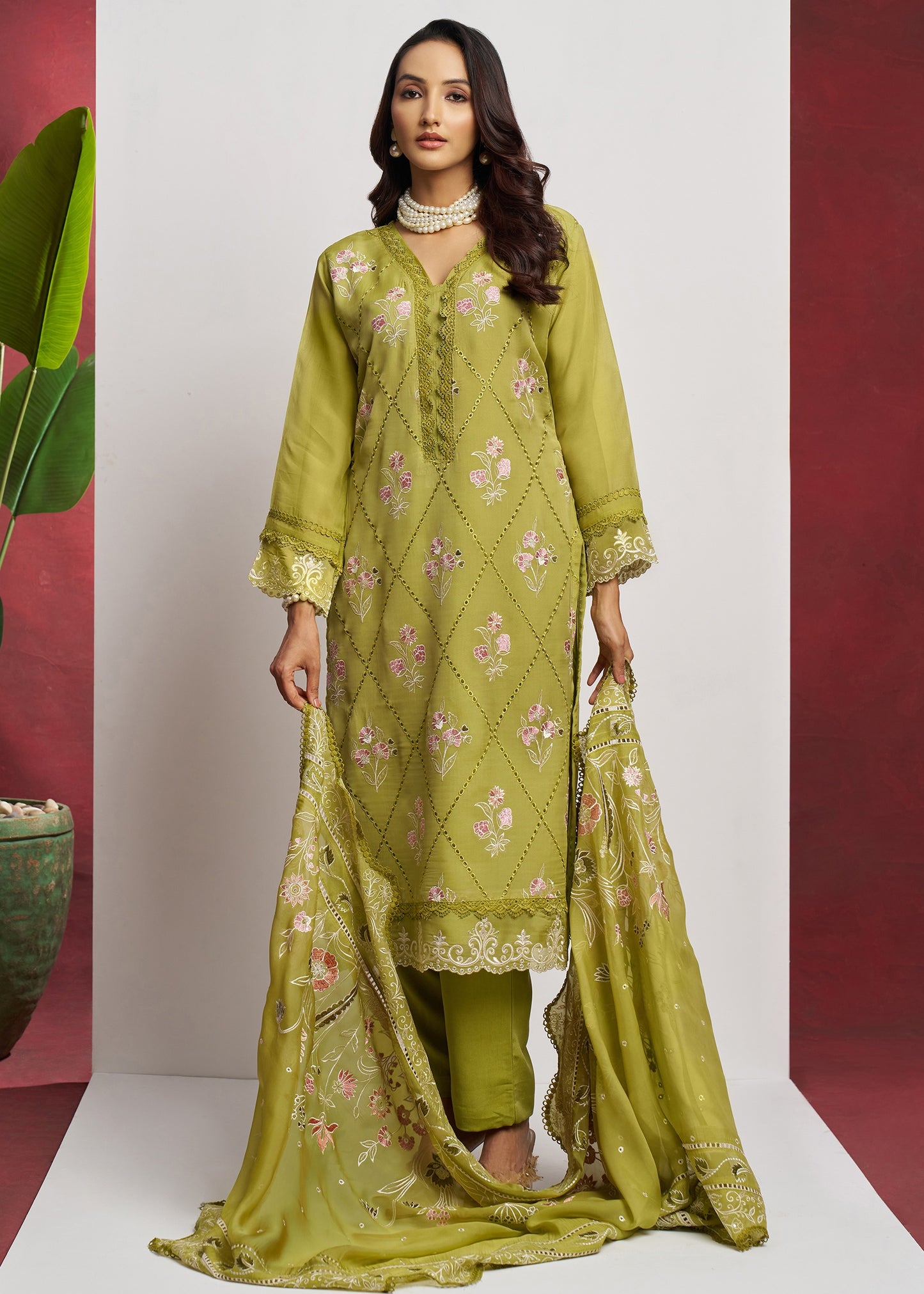 Pure Organza Green Unstitched Salwar Suit Set