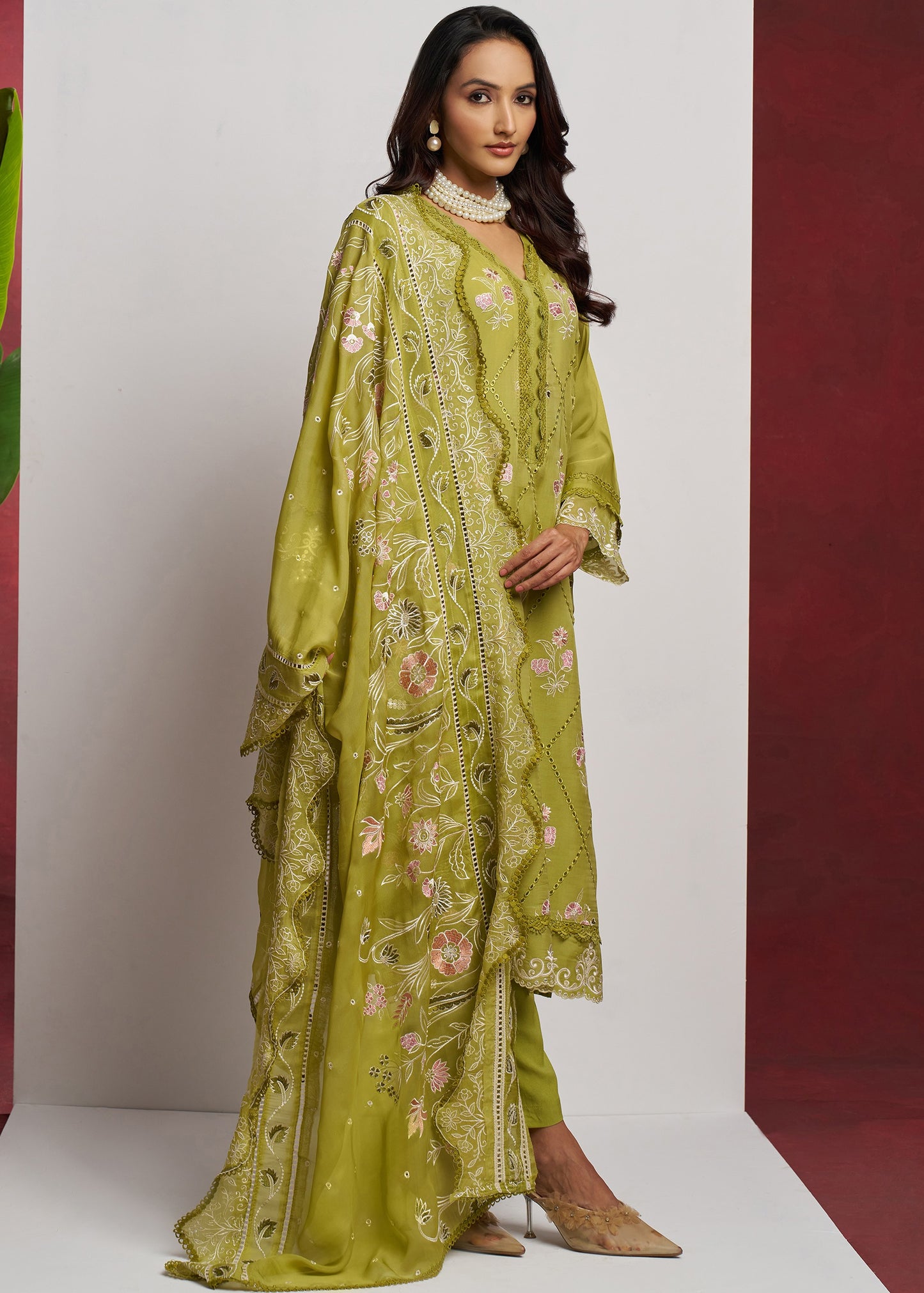 Pure Organza Green Unstitched Salwar Suit Set