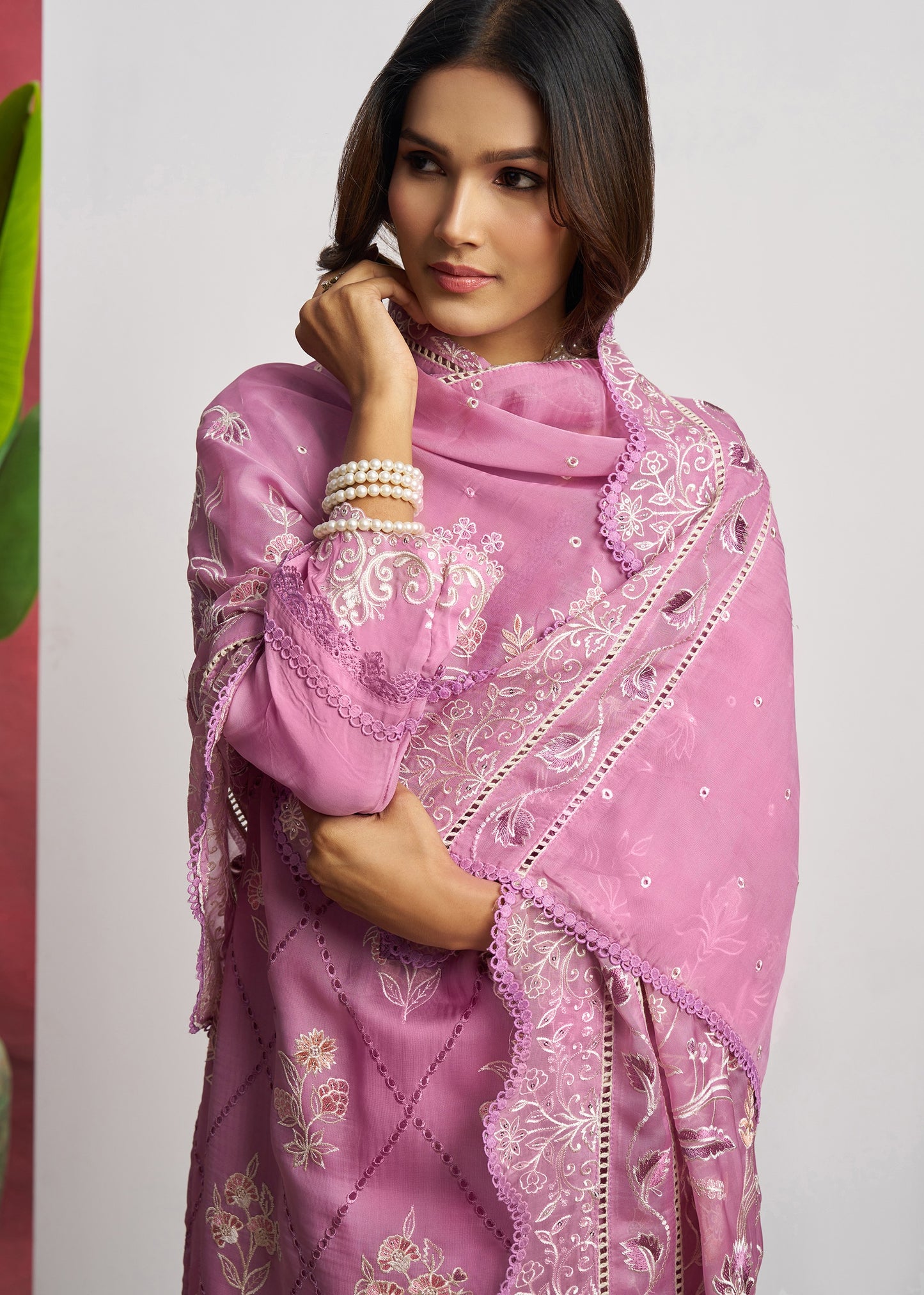 Pure Organza Pink Unstitched Salwar Suit Set