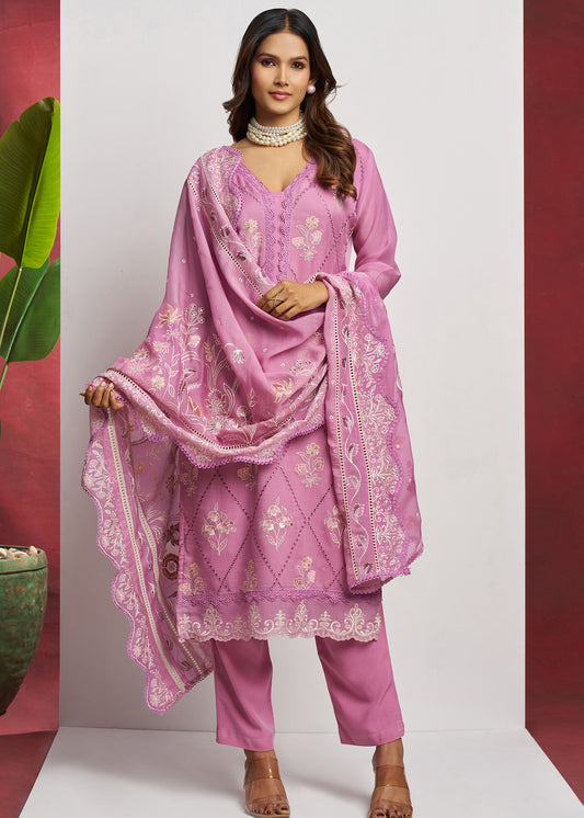 Pure Organza Pink Unstitched Salwar Suit Set