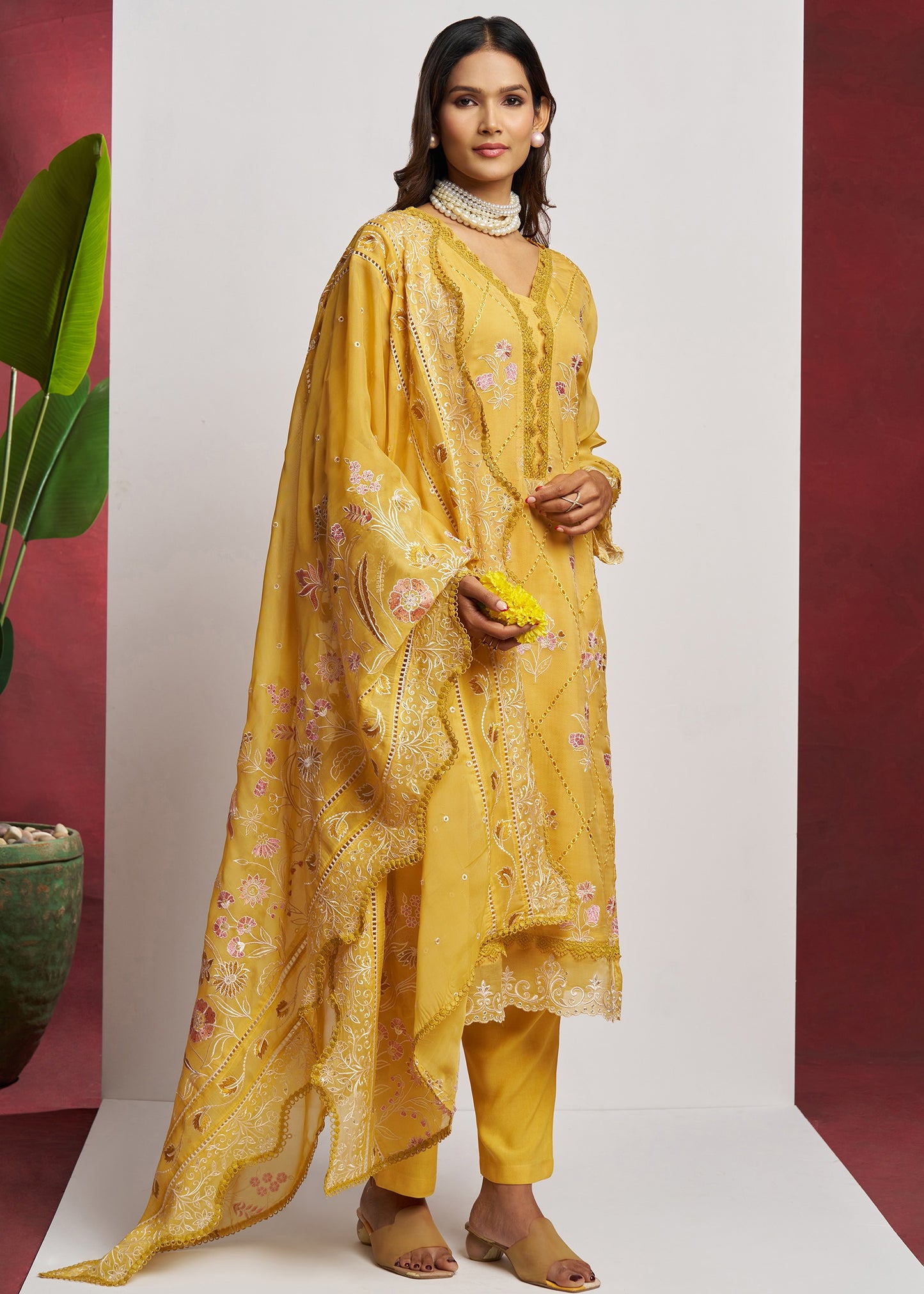 Pure Organza Yellow Unstitched Salwar Suit Set