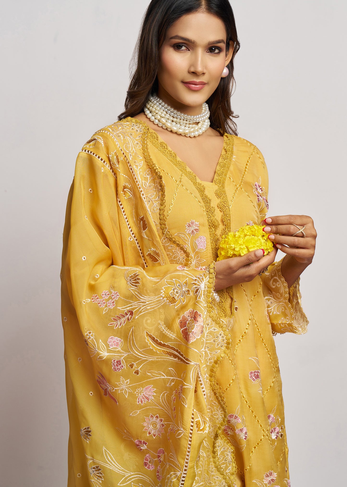 Pure Organza Yellow Unstitched Salwar Suit Set