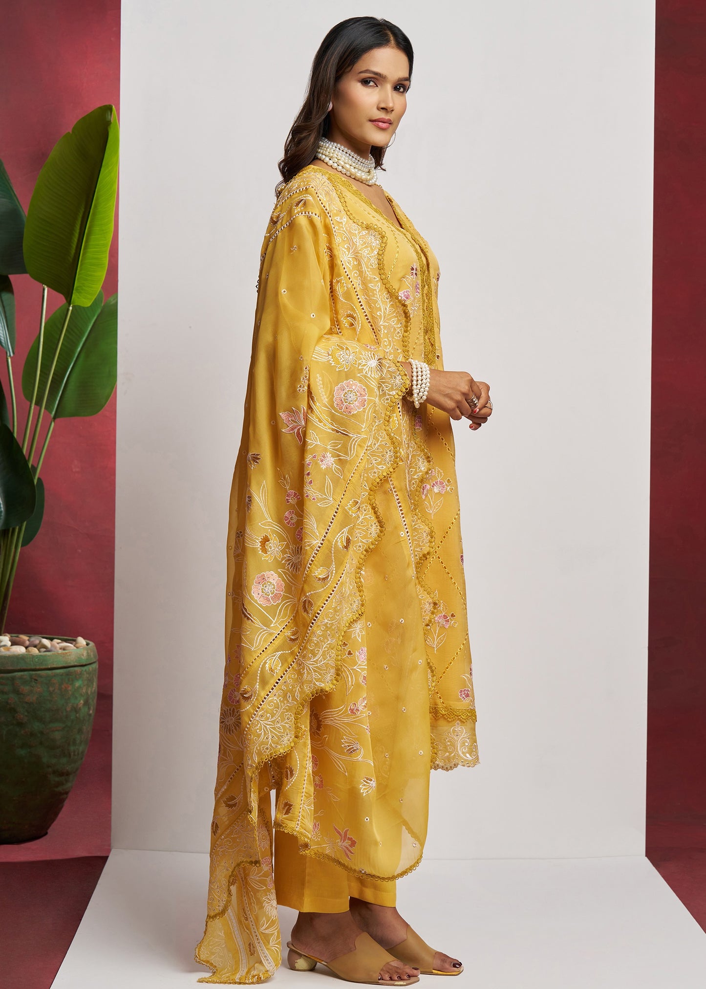 Pure Organza Yellow Unstitched Salwar Suit Set