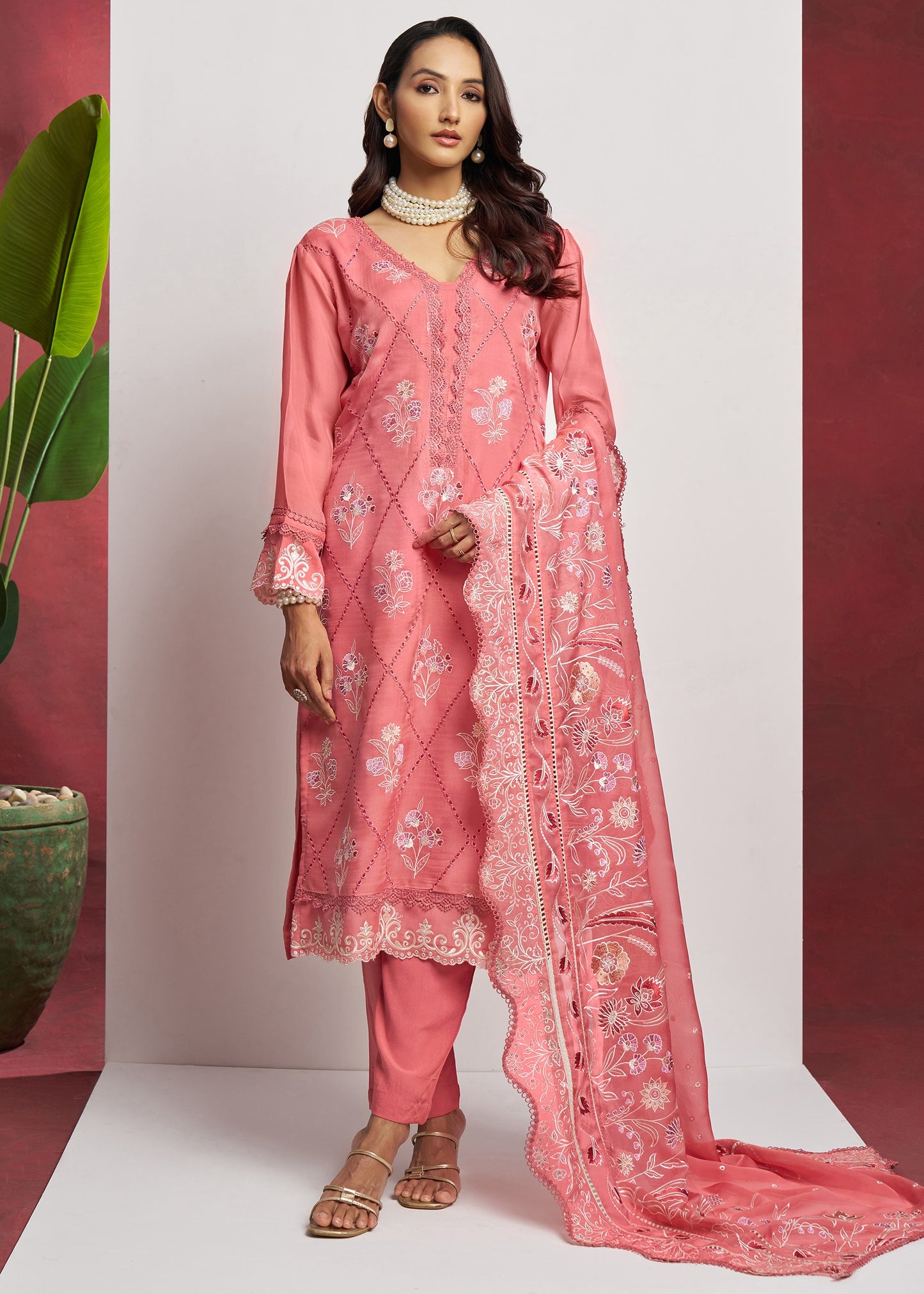 Pure Organza Peach Unstitched Salwar Suit Set