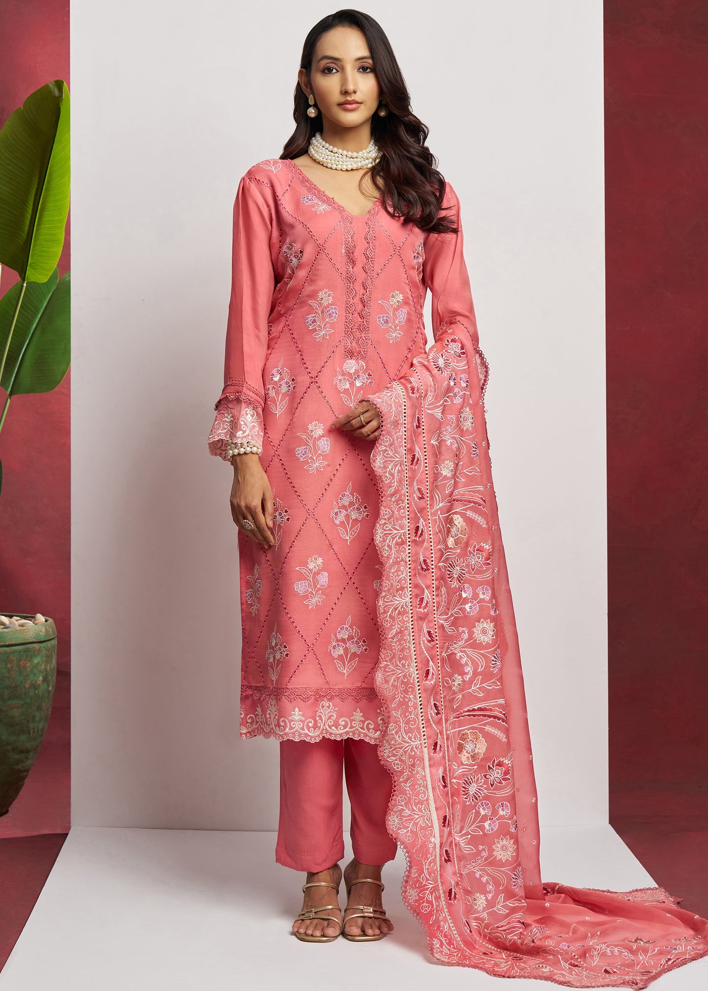 Pure Organza Peach Unstitched Salwar Suit Set