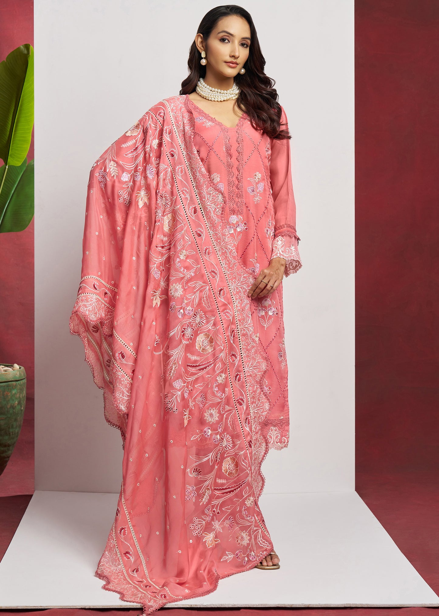 Pure Organza Peach Unstitched Salwar Suit Set