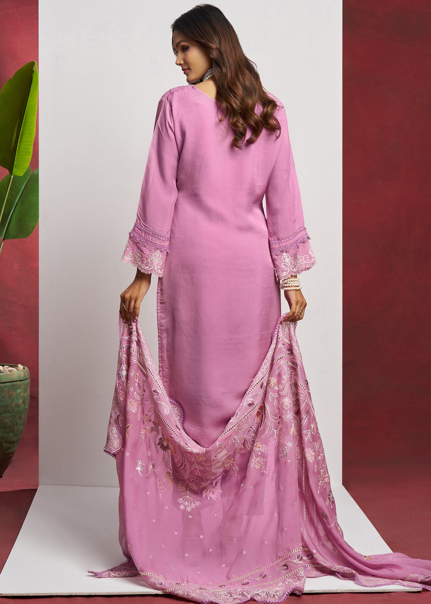 Pure Organza Pink Unstitched Salwar Suit Set