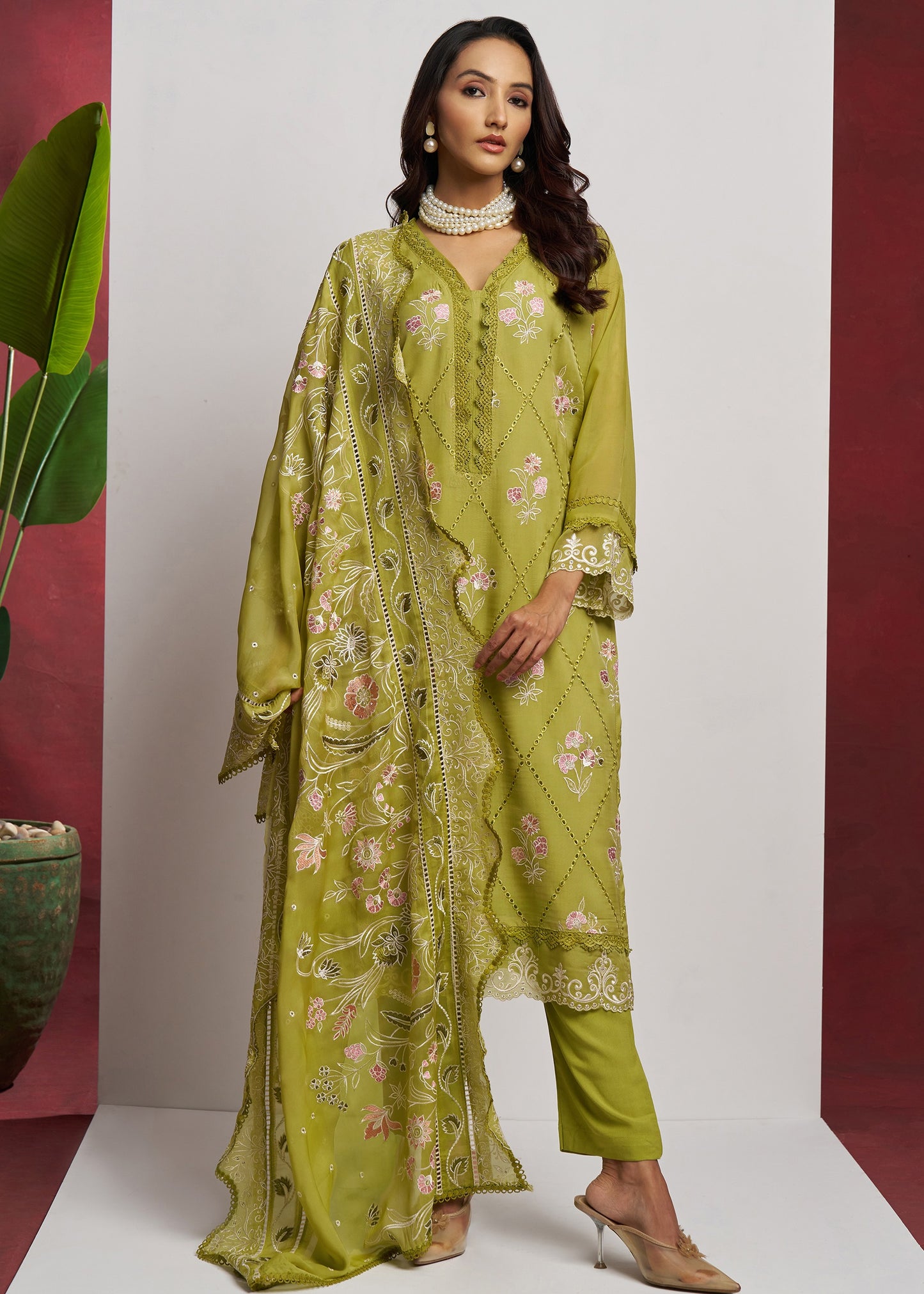 Pure Organza Green Unstitched Salwar Suit Set