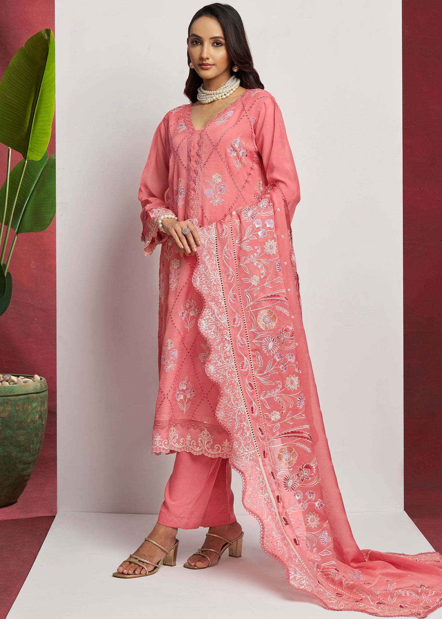 Pure Organza Peach Unstitched Salwar Suit Set