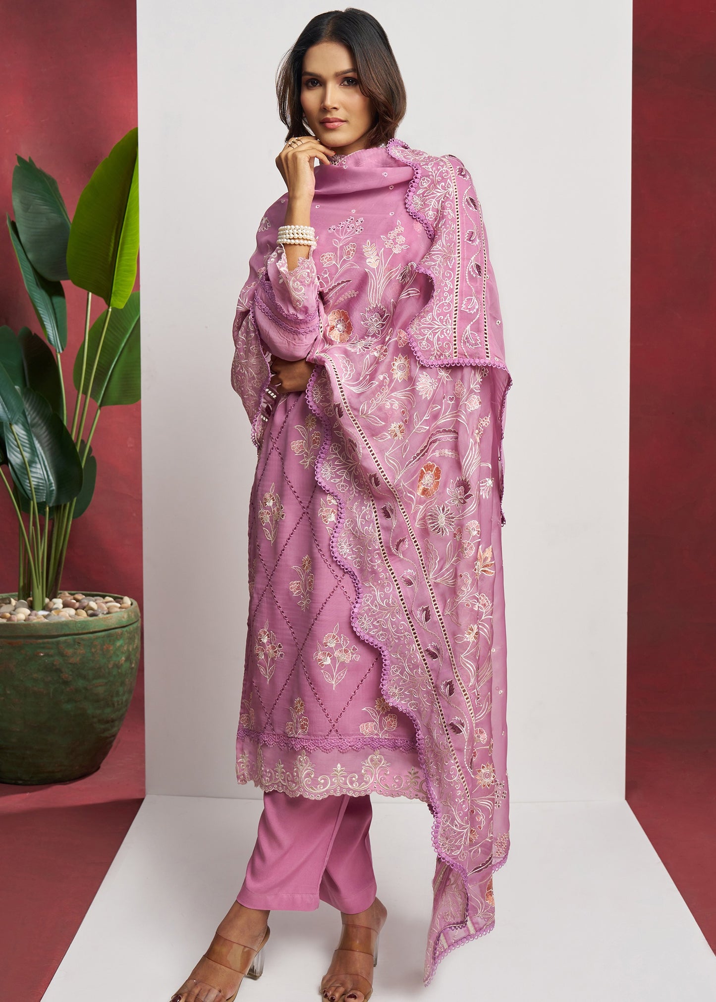 Pure Organza Pink Unstitched Salwar Suit Set