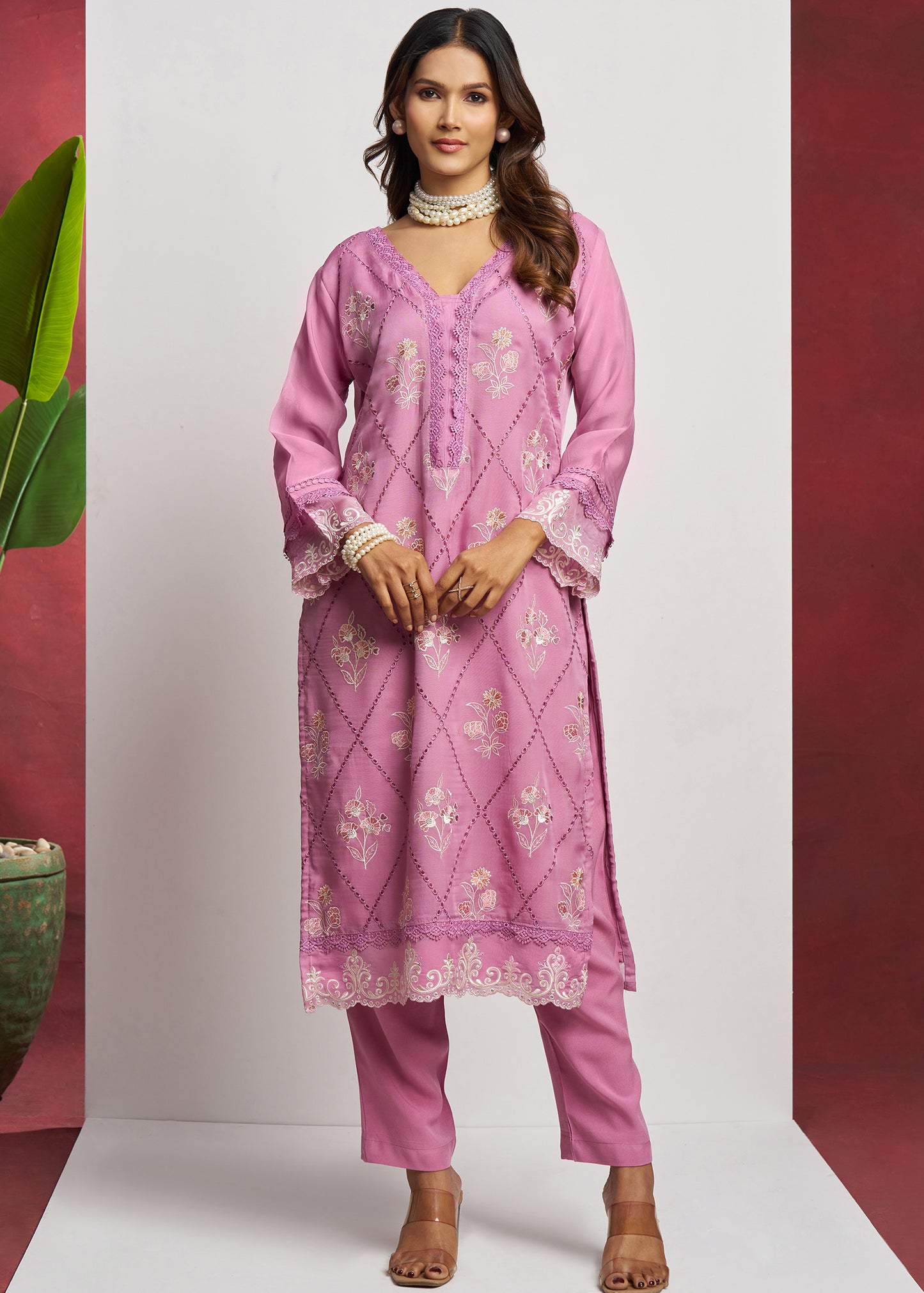 Pure Organza Pink Unstitched Salwar Suit Set