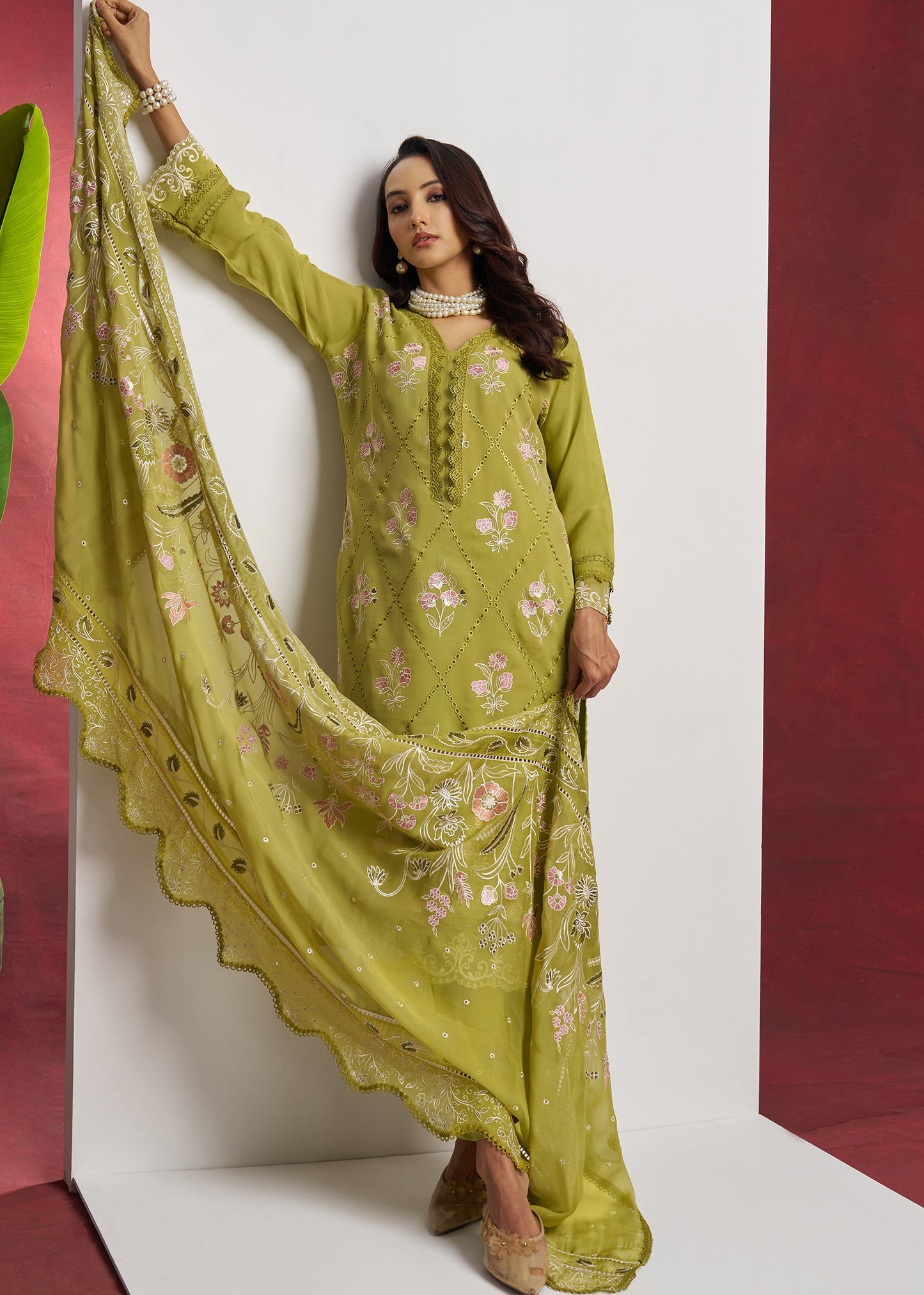 Pure Organza Green Unstitched Salwar Suit Set