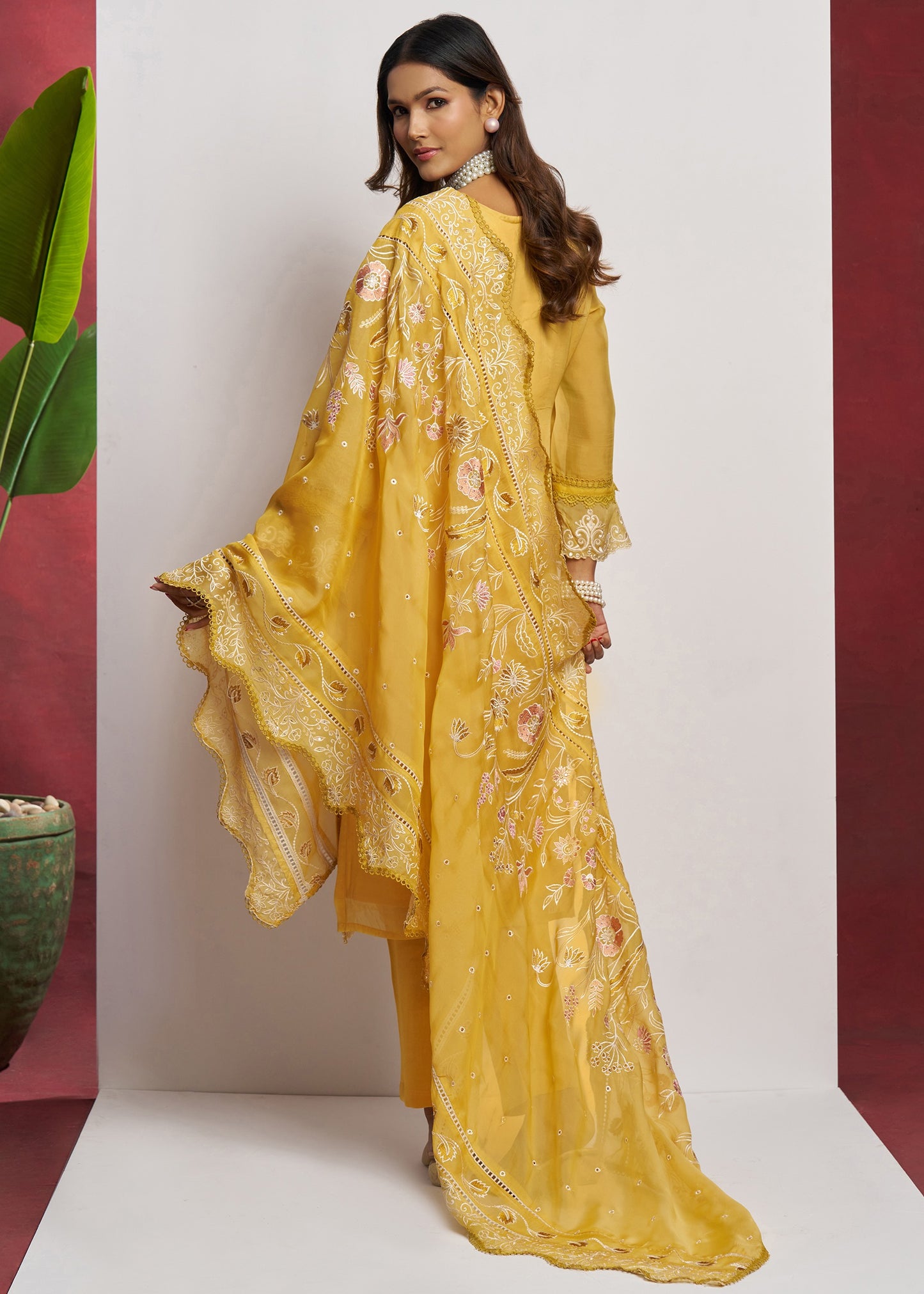 Pure Organza Yellow Unstitched Salwar Suit Set