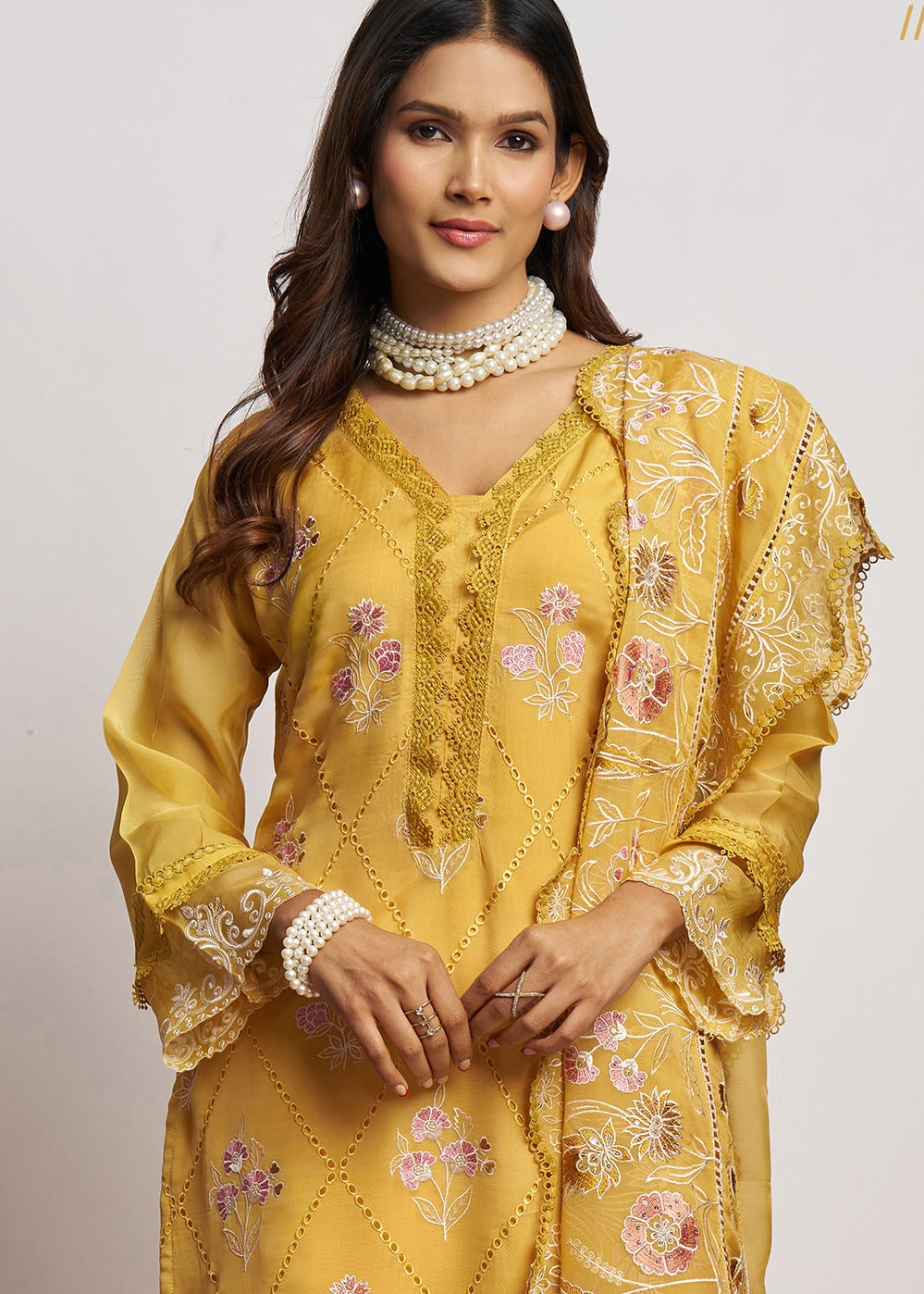 Pure Organza Yellow Unstitched Salwar Suit Set