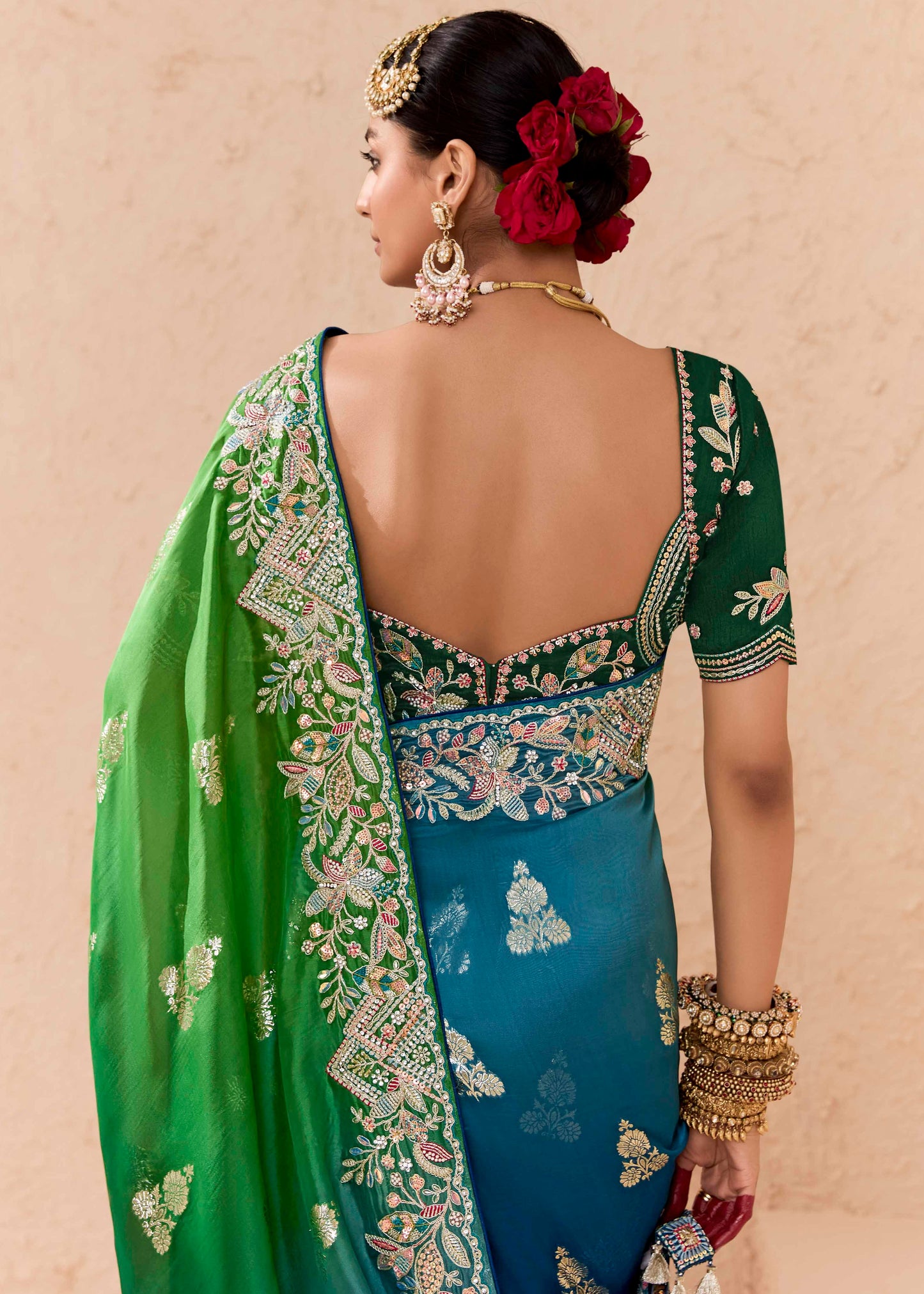 Soft Silk Green and Blue Ombre Saree with Embroidery