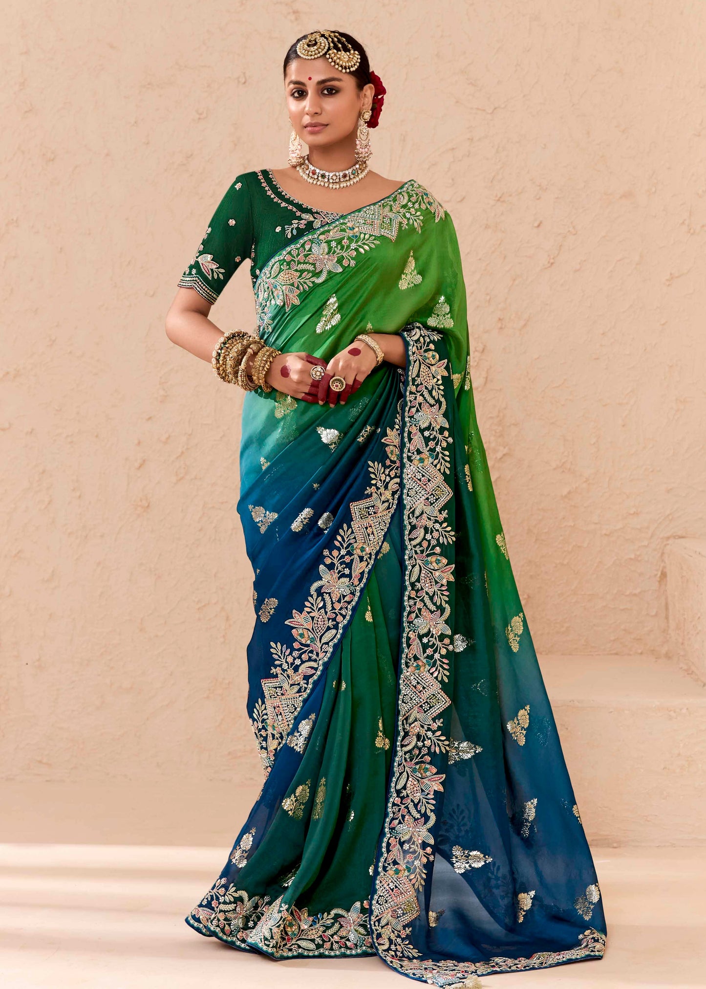 Soft Silk Green and Blue Ombre Saree with Embroidery